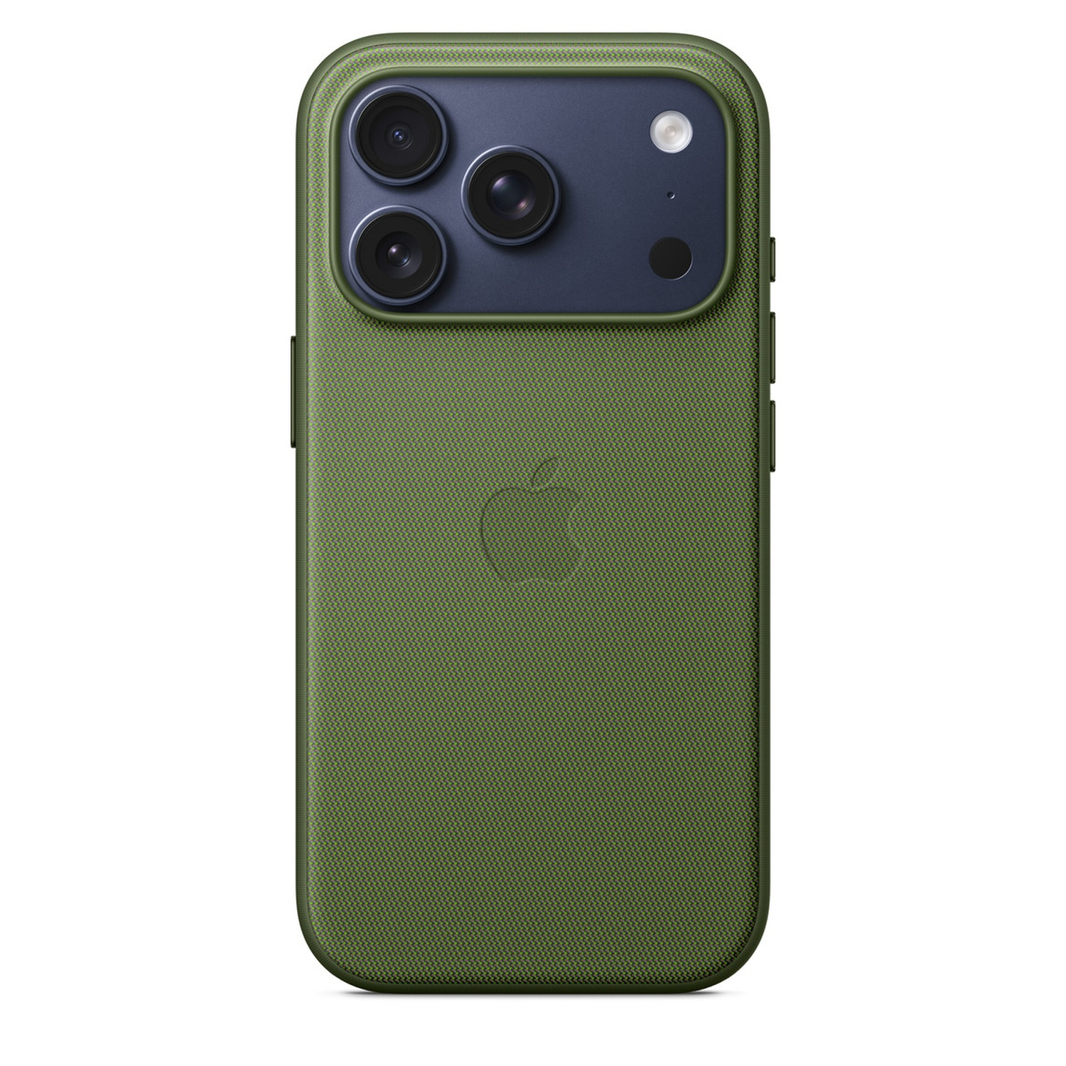Une coque de téléphone vert olive avec un logo Apple. Elle a une section caméra bleu foncé avec trois lentilles et un flash.