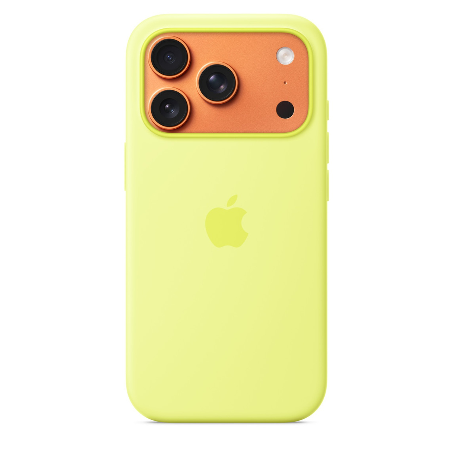 Une coque de téléphone jaune avec des détails de caméra orange. Trois objectifs de caméra sont visibles. Le logo Apple est au centre de la coque.