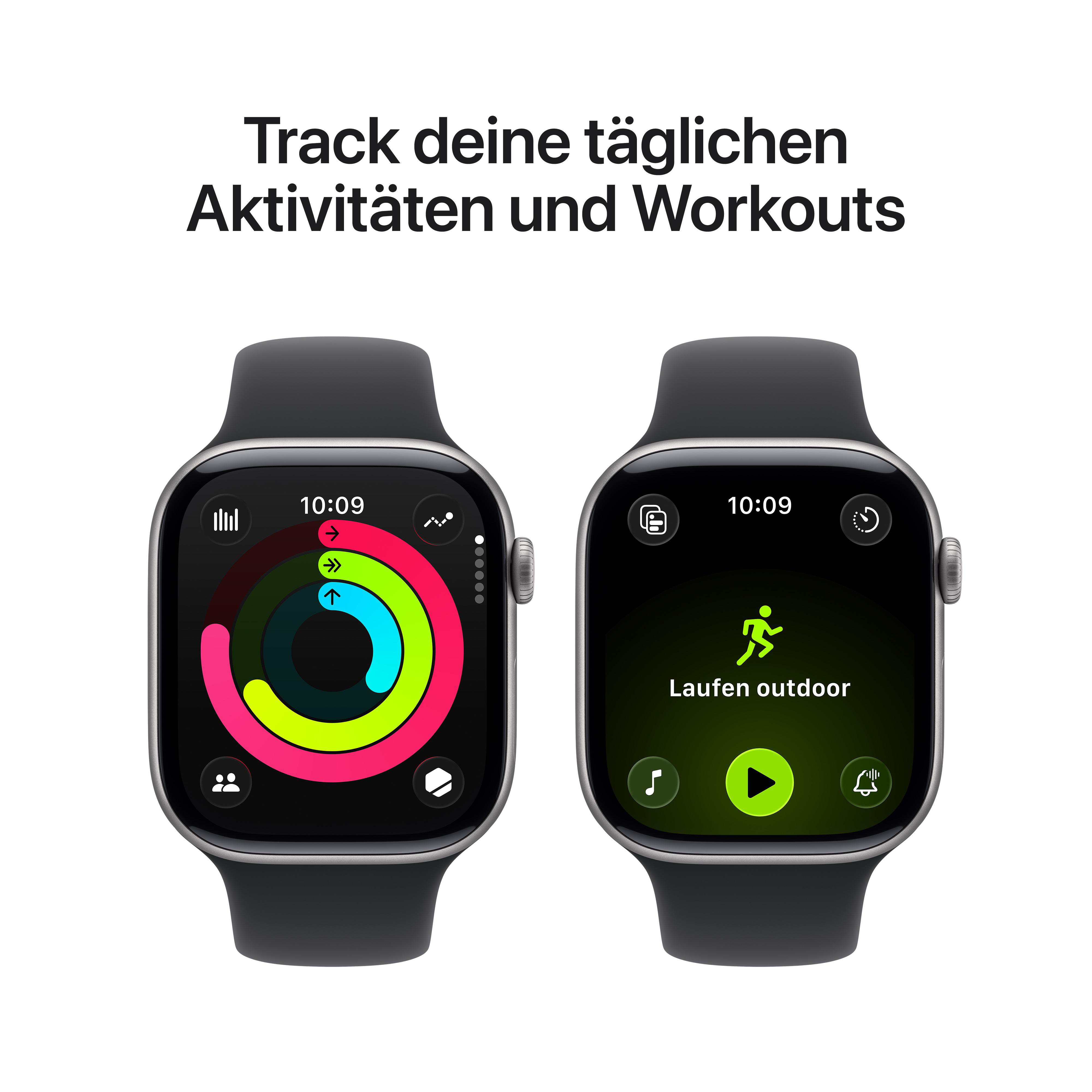 Zwei Smartwatches zeigen Aktivitätsringe und Workout-Apps auf weißem Hintergrund. Text: 'Verfolge dein Training'.