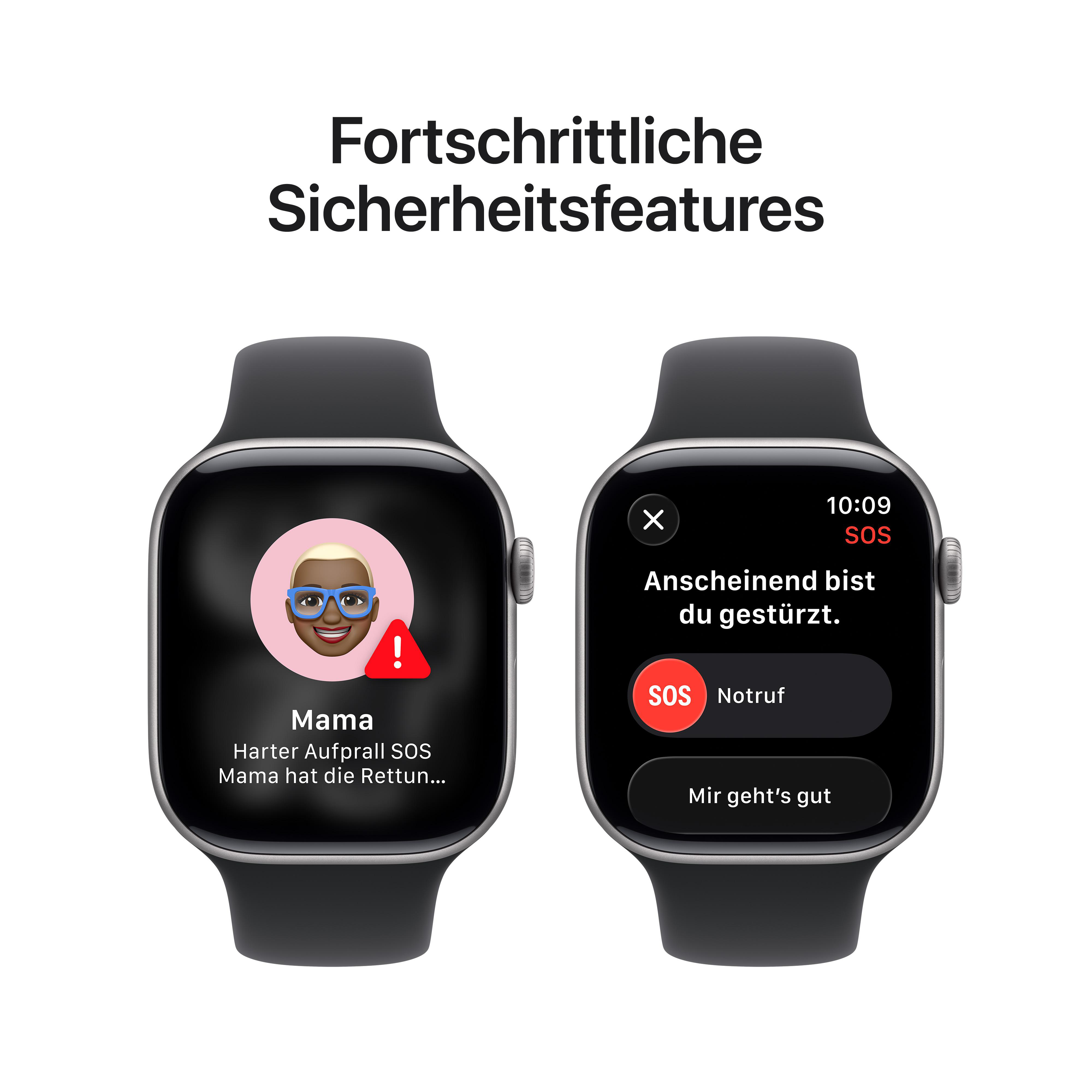 Zwei Smartwatches auf Weiß. Eine zeigt einen SOS-Anruf mit Emoji, die andere eine Sturzerkennung. Text: SOS, Anruf, Notfall.
