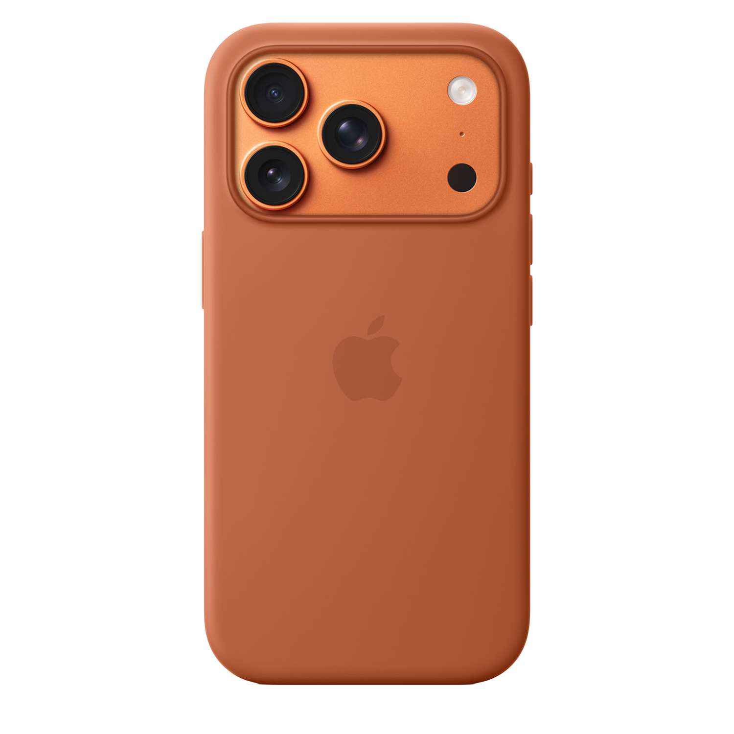 Een oranje telefoonhoesje met Apple-logo. Het heeft drie cameralenzen en een flitser aan de bovenkant.