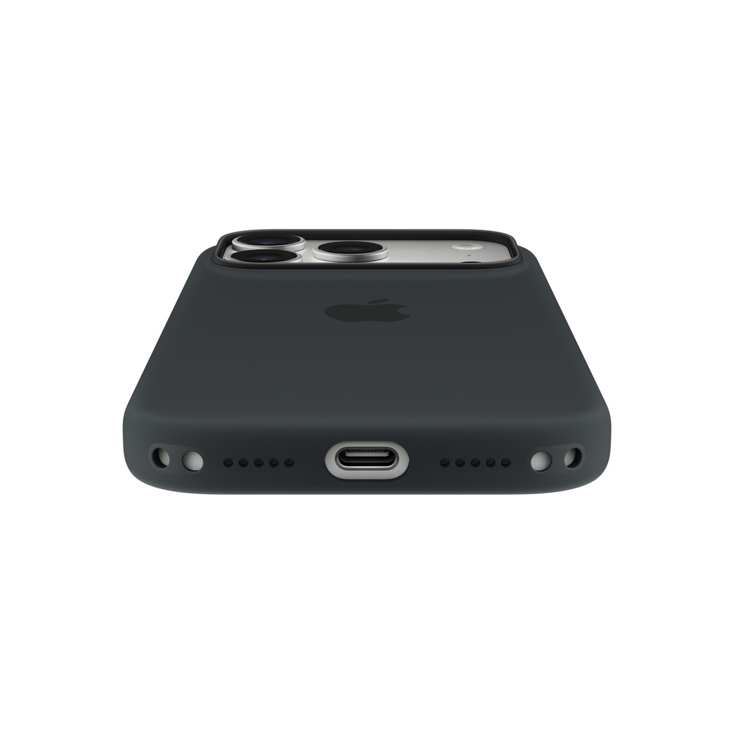 Een donkergrijze iPhone-hoes, met de camera, oplaadpoort en luidsprekergaten. Het Apple-logo is zichtbaar. Witte achtergrond.