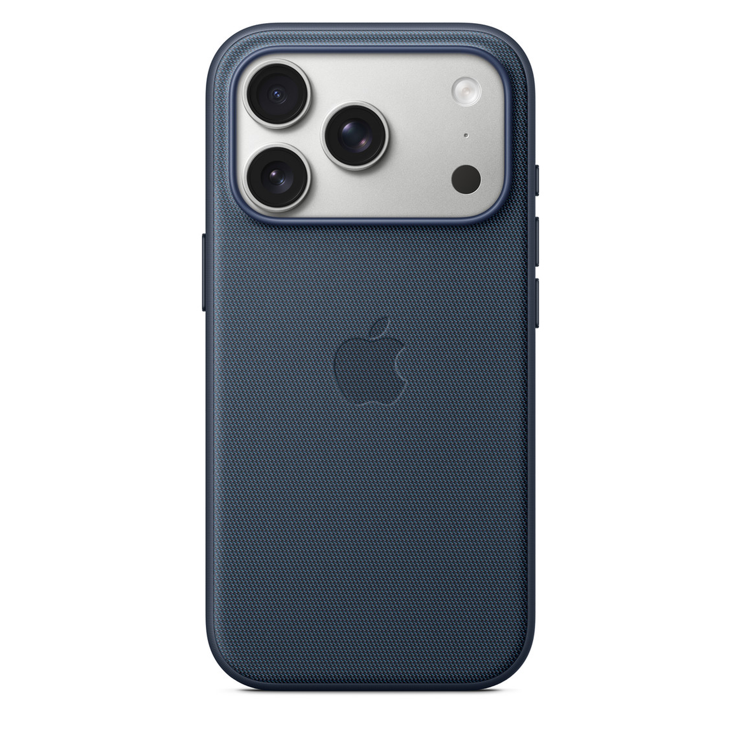 Navy blue iPhone with a camera array on a silver background. Apple logo is embossed. The case is made of textured material.