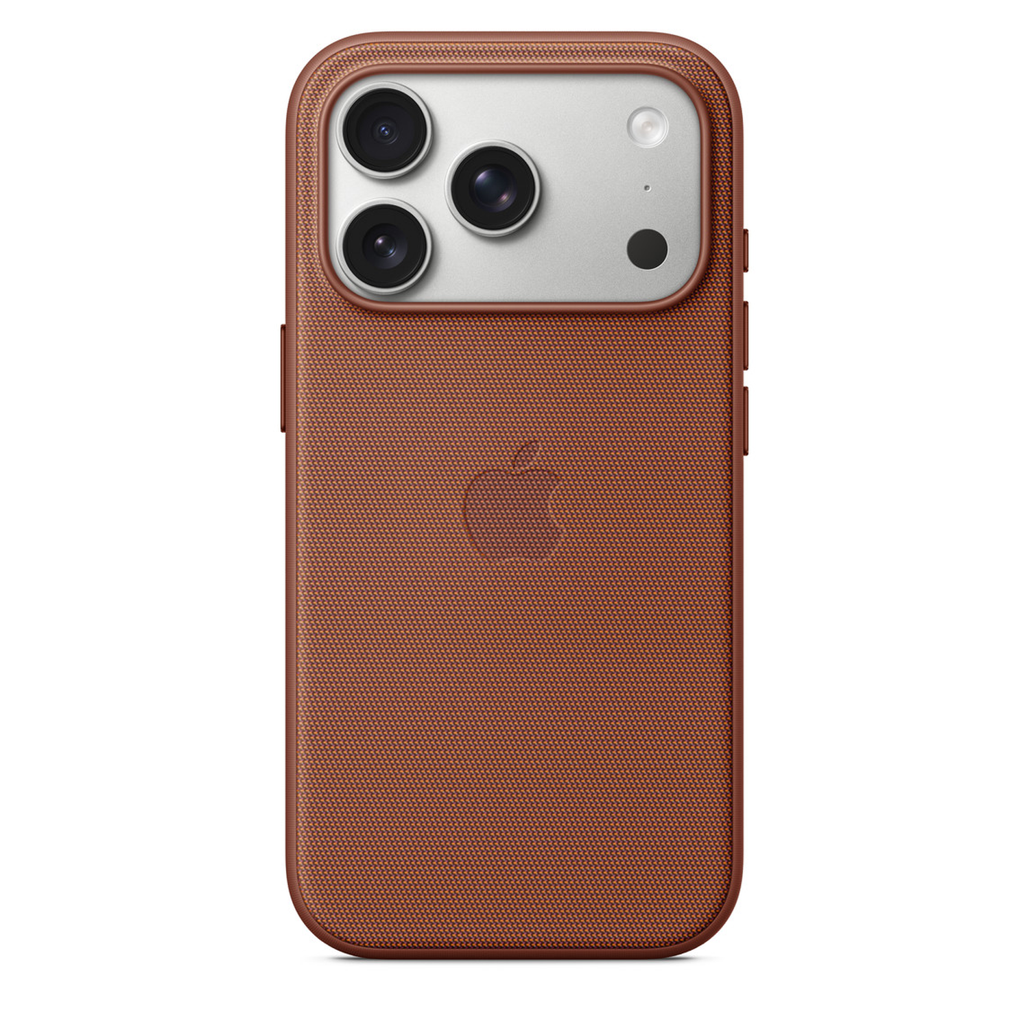 Brown iPhone case with three cameras and flash. Apple logo on the back.