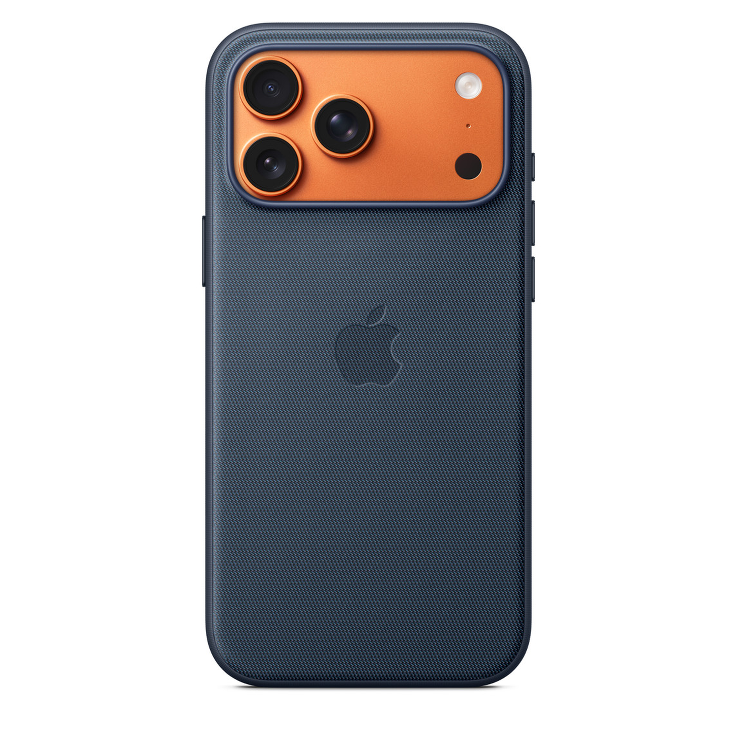 A dark blue iPhone with an orange camera bump. It has four camera lenses and the Apple logo. The phone is on a white background.