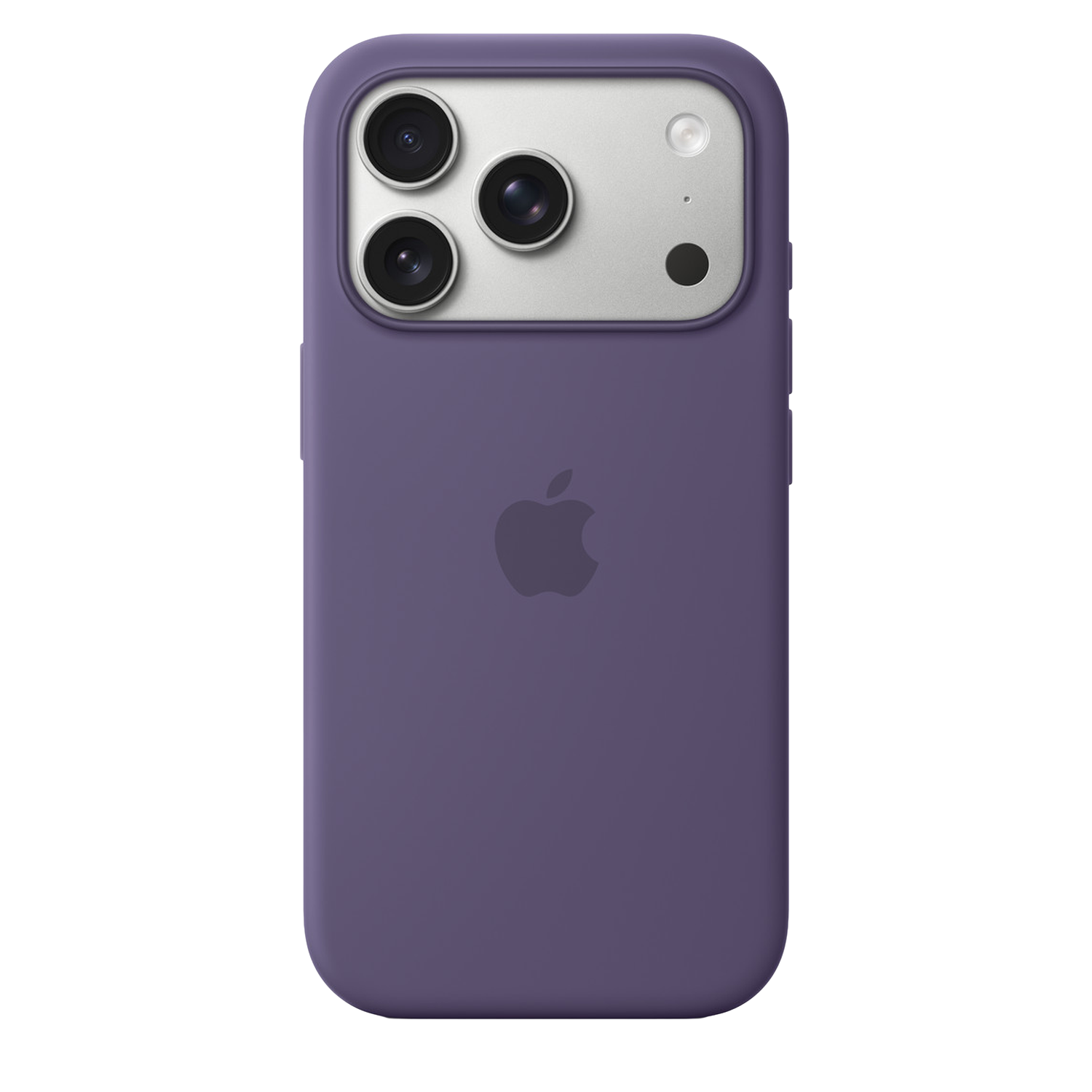 Een paarse telefoonhoes met zilveren cameradetails. Het Apple-logo staat op de achterkant. De achtergrond is wit.