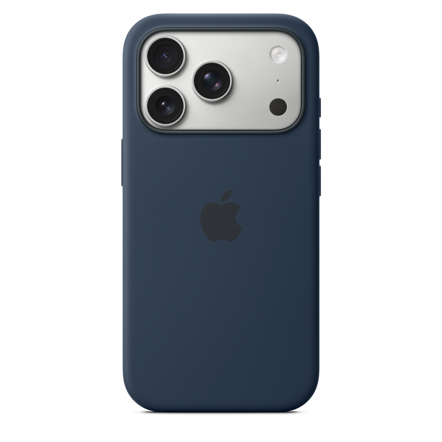 A navy blue iPhone case with the Apple logo. The back has a camera module with three lenses. The case covers the phone.