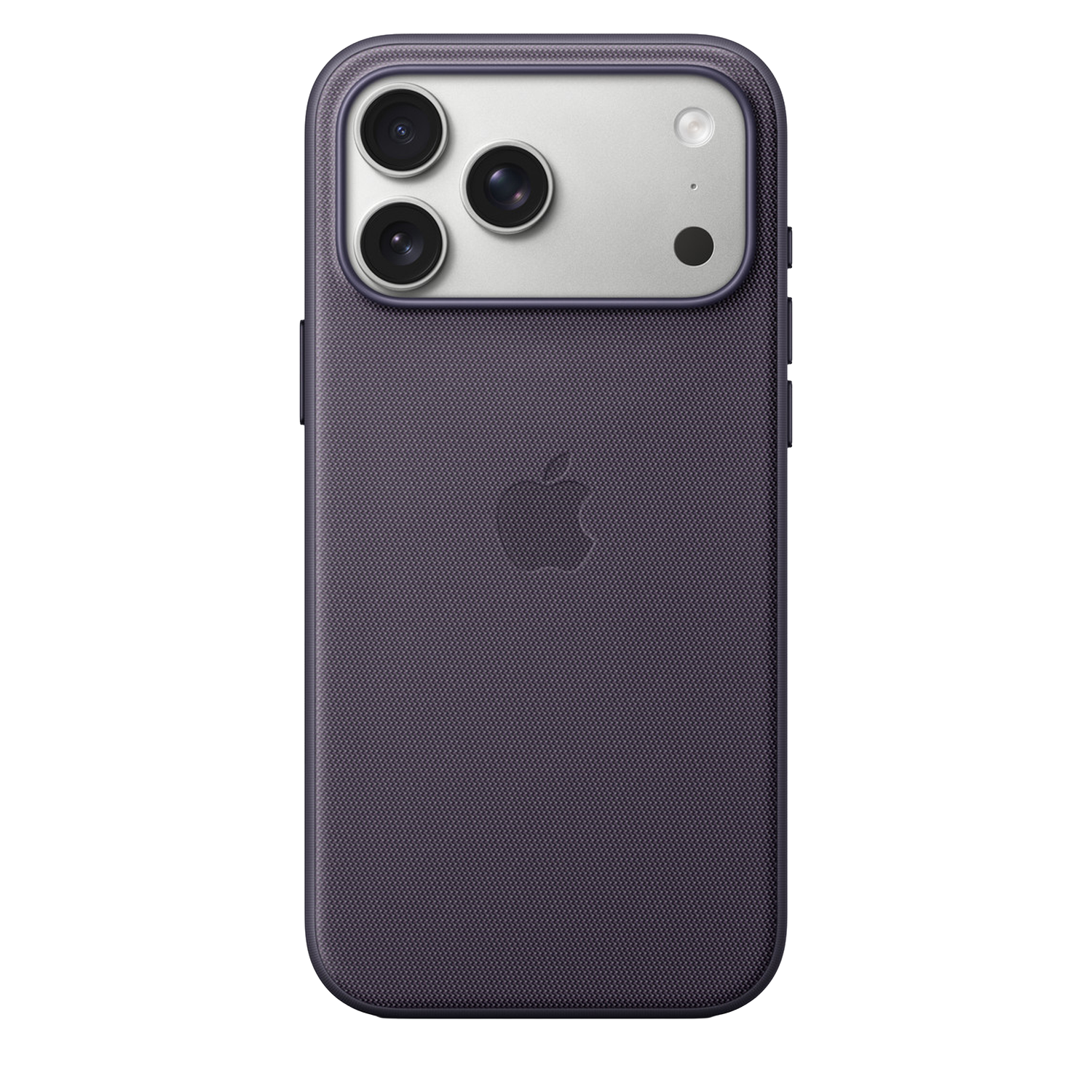 Een paarse iPhone-hoes met drie cameralenzen en een Apple-logo. De achtergrond is wit.