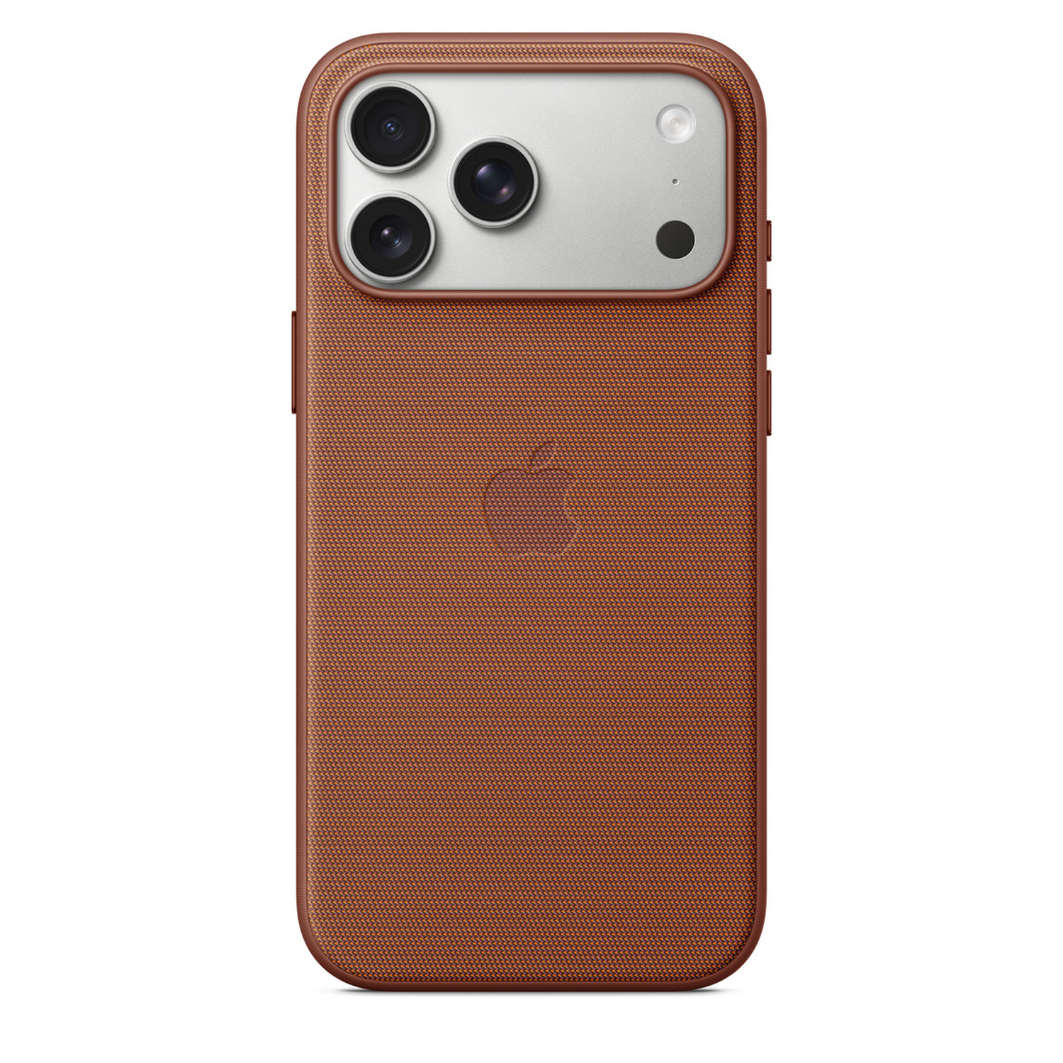 Een bruine iPhone-hoes met drie cameralenzen en een Apple-logo. De hoes heeft een getextureerd oppervlak en een bruine rand.