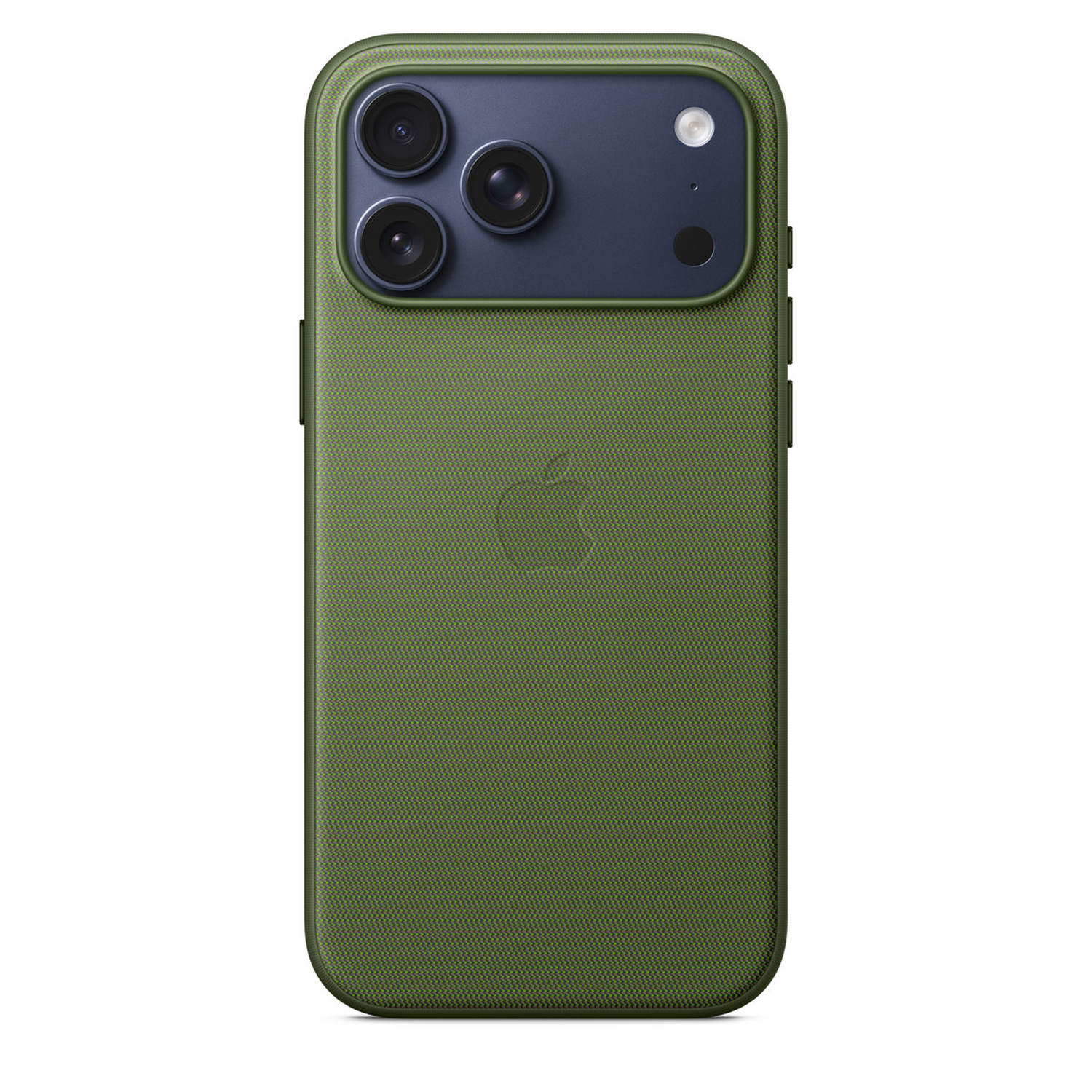 Groene iPhone-hoes met een donkerblauwe camerasectie. Drie lenzen zijn zichtbaar. Het Apple-logo staat in het midden.