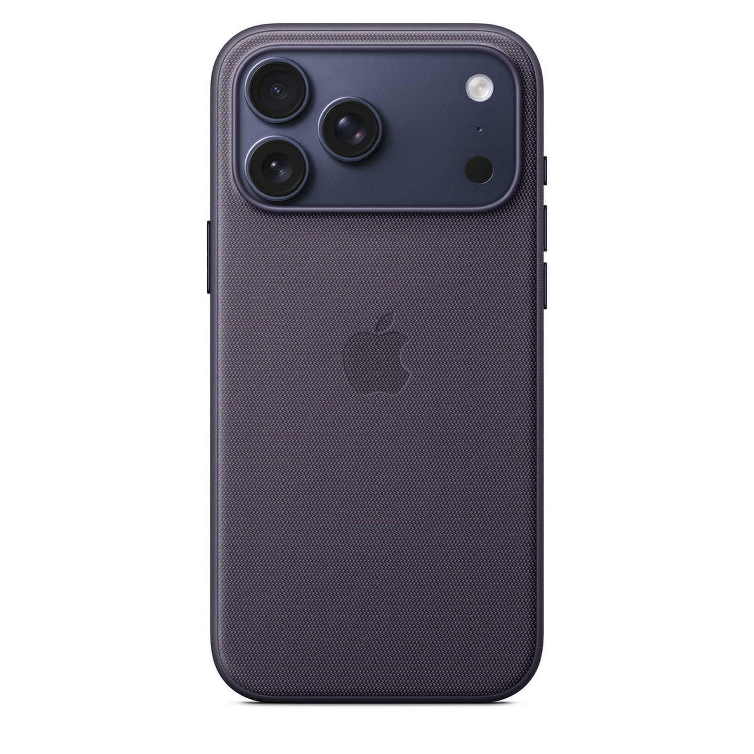 A purple iPhone case with three camera lenses and an Apple logo. The case has a textured surface.
