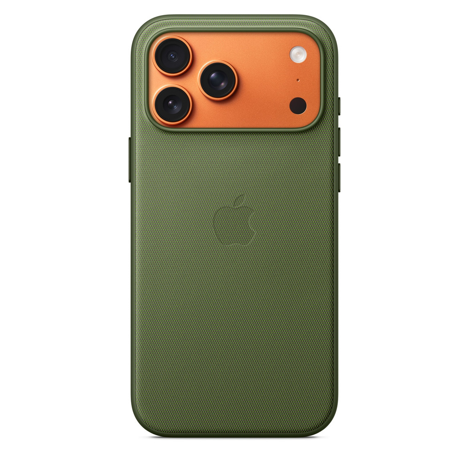 Green phone case with orange camera section. Three camera lenses and a flash are visible. Apple logo in the middle.