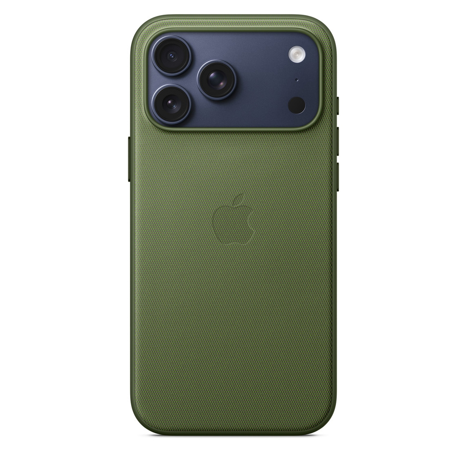 An olive green iPhone with a dark blue camera module. The phone case has a textured surface with the Apple logo on it.