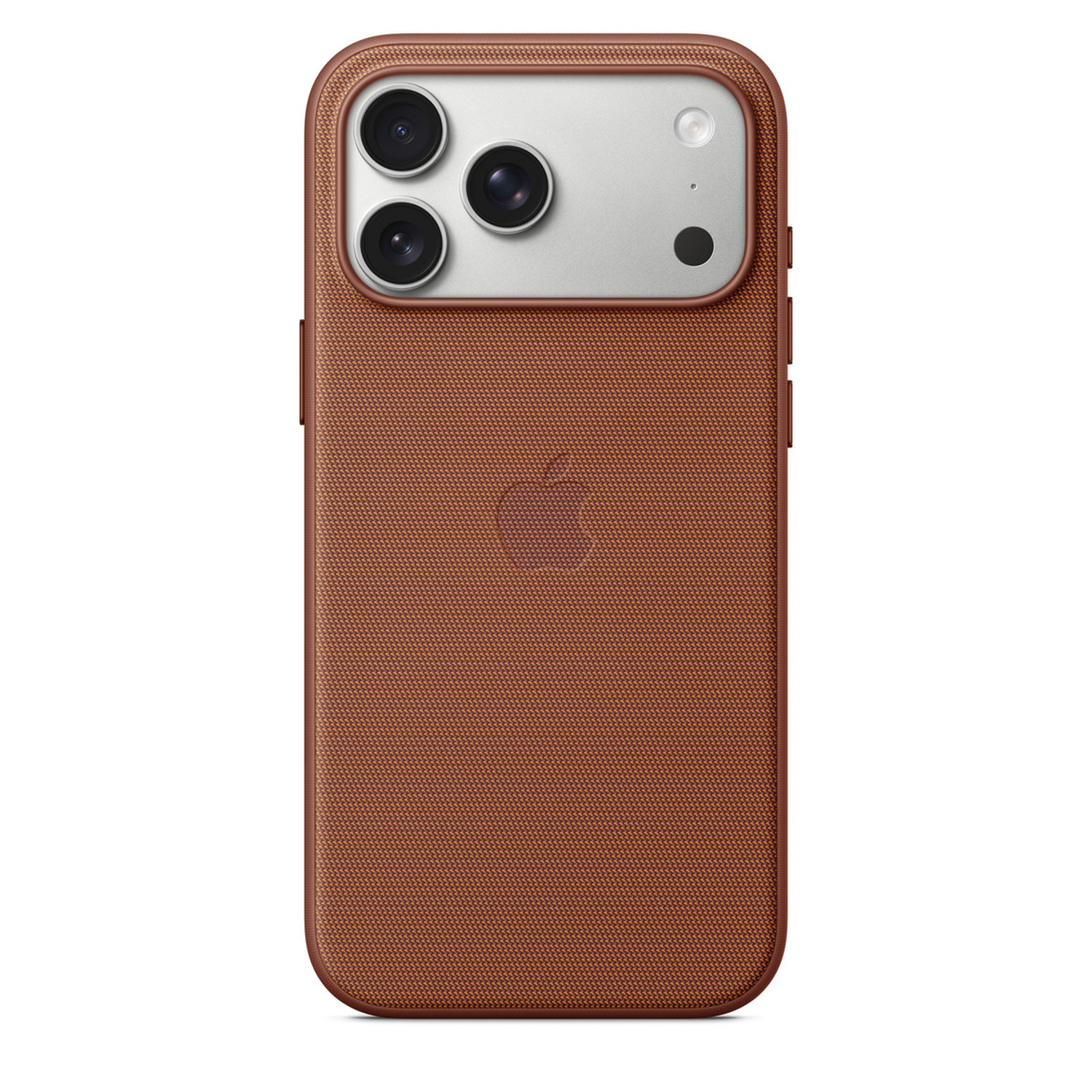 A brown iPhone case with three camera lenses and a silver flash. It has an Apple logo on the back.