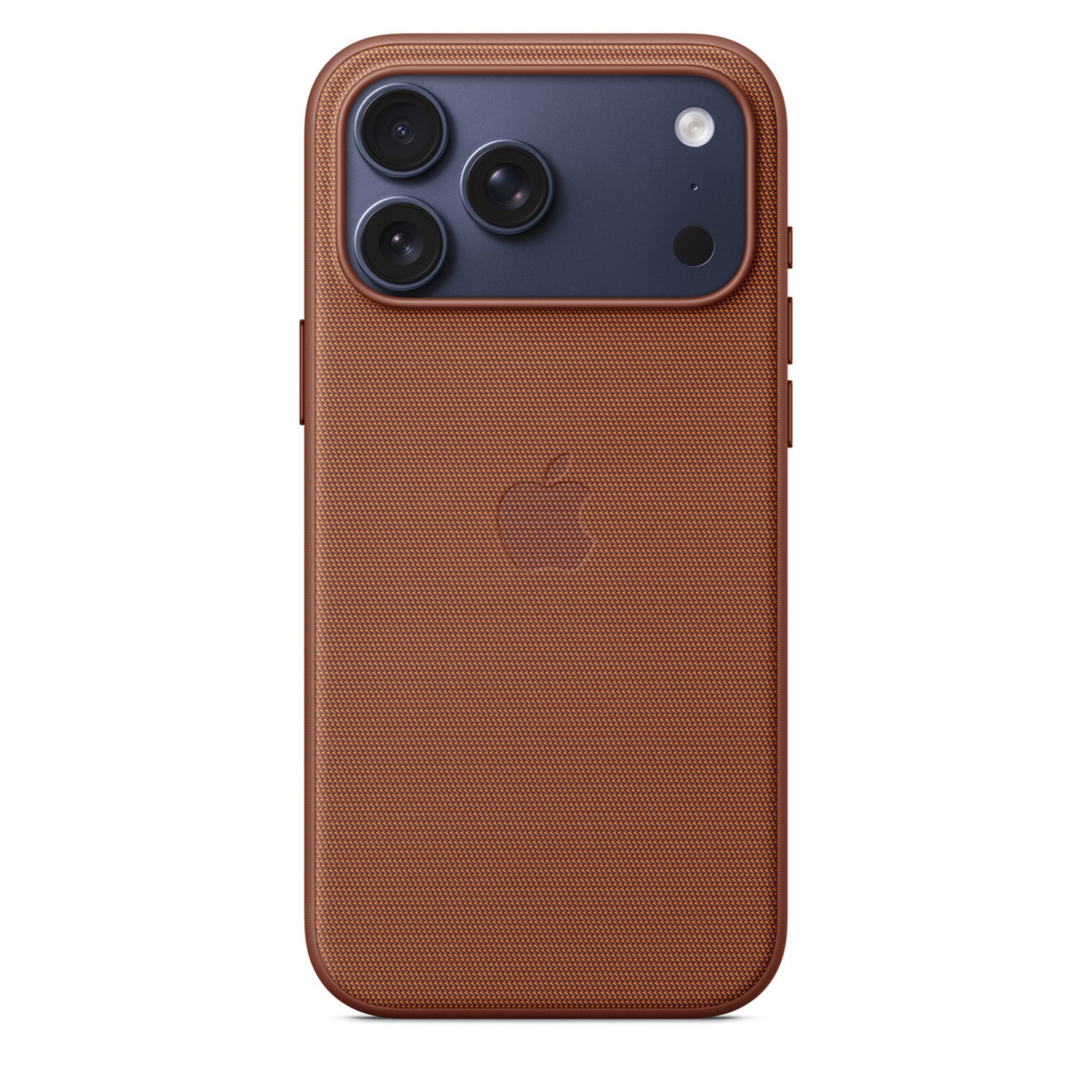 Brown iPhone case with three camera lenses, a dark blue camera area, and an Apple logo. The case has a textured surface.