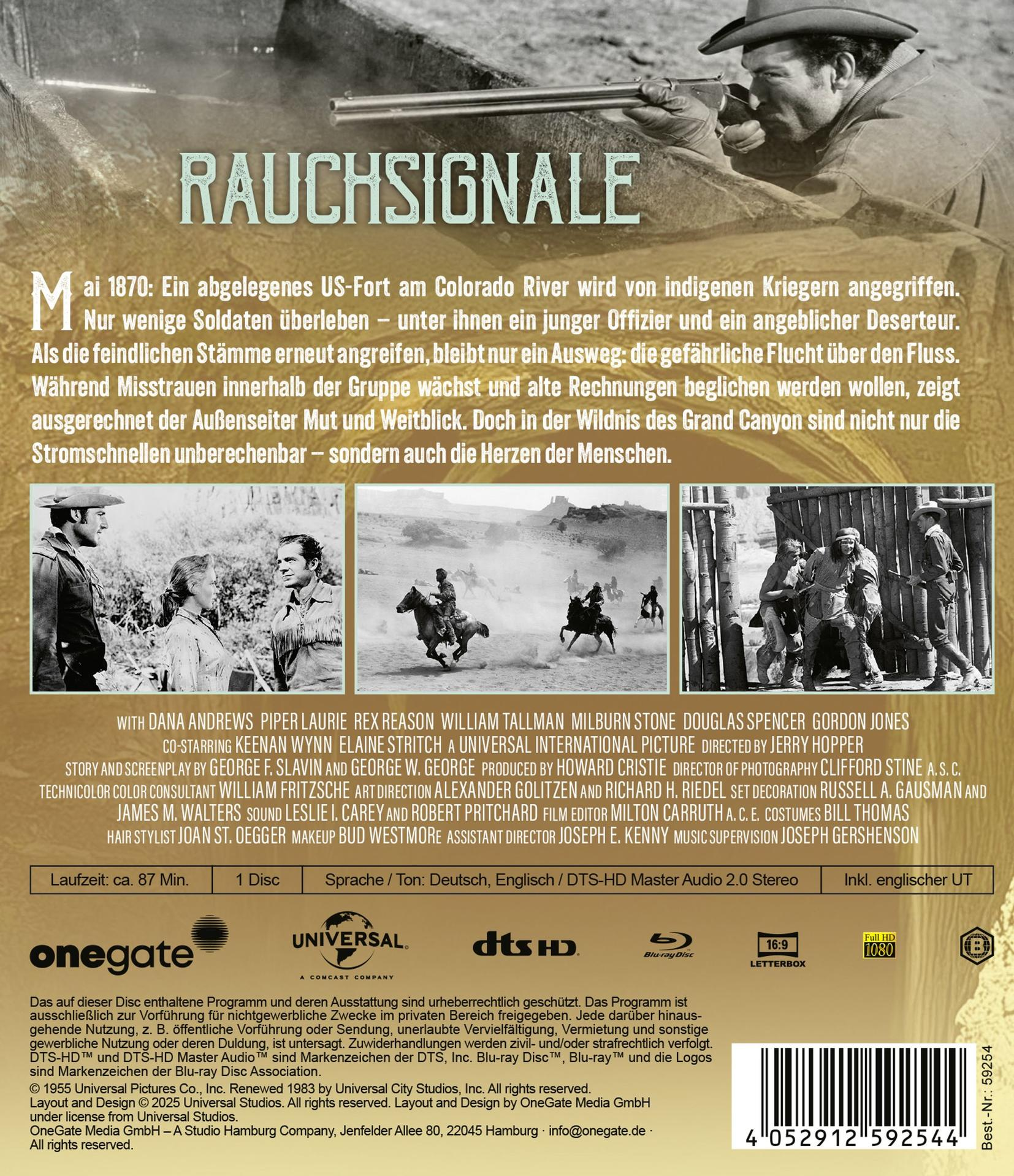 Filmplakat mit Text 'Rauchsignale'. Szenen von Cowboys, Indianern und einem Fluss sind abgebildet.