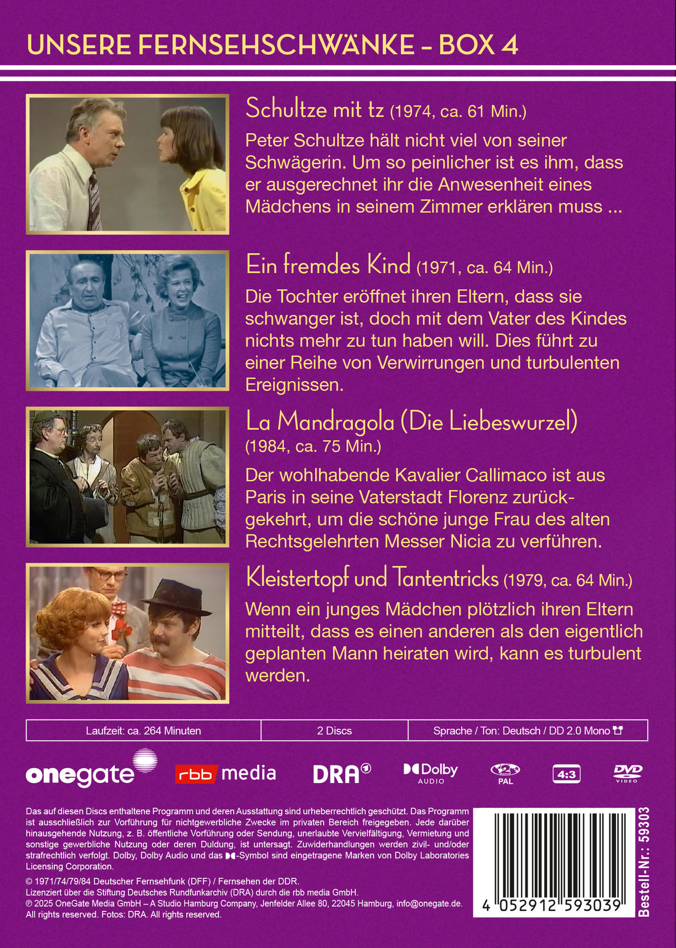 DVD-Box mit vier Fernsehspielen. Enthält Schauspieler und Titel, darunter 'Schultze mit tz' und 'La Mandragola'.