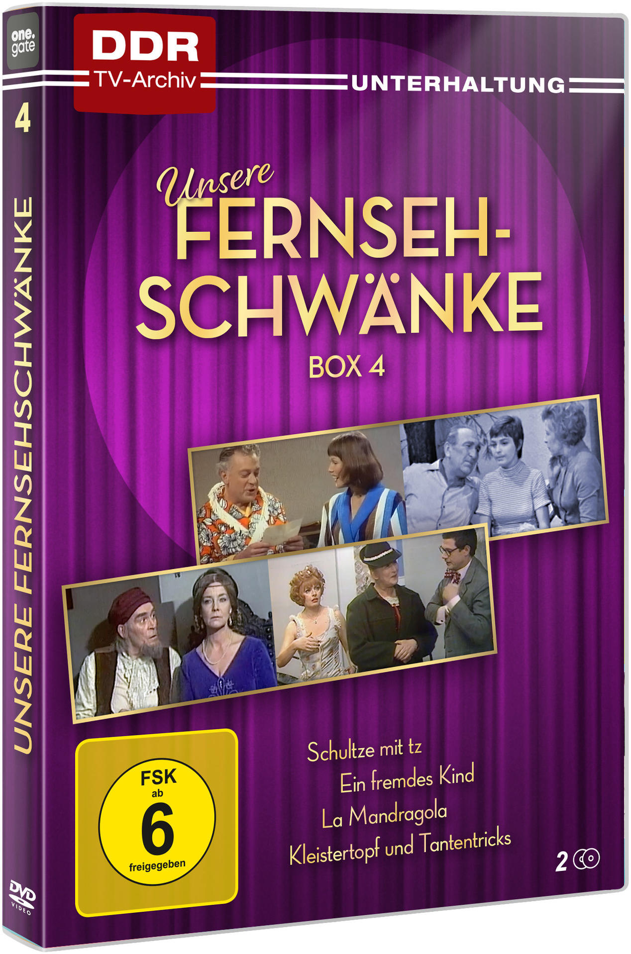 DVD-Cover mit dem Titel 'Unsere Fernsehschwänke', Box 4. Zeigt Schauspieler in Szenen. Lila Vorhang-Hintergrund mit gelbem FSK 6 Logo.
