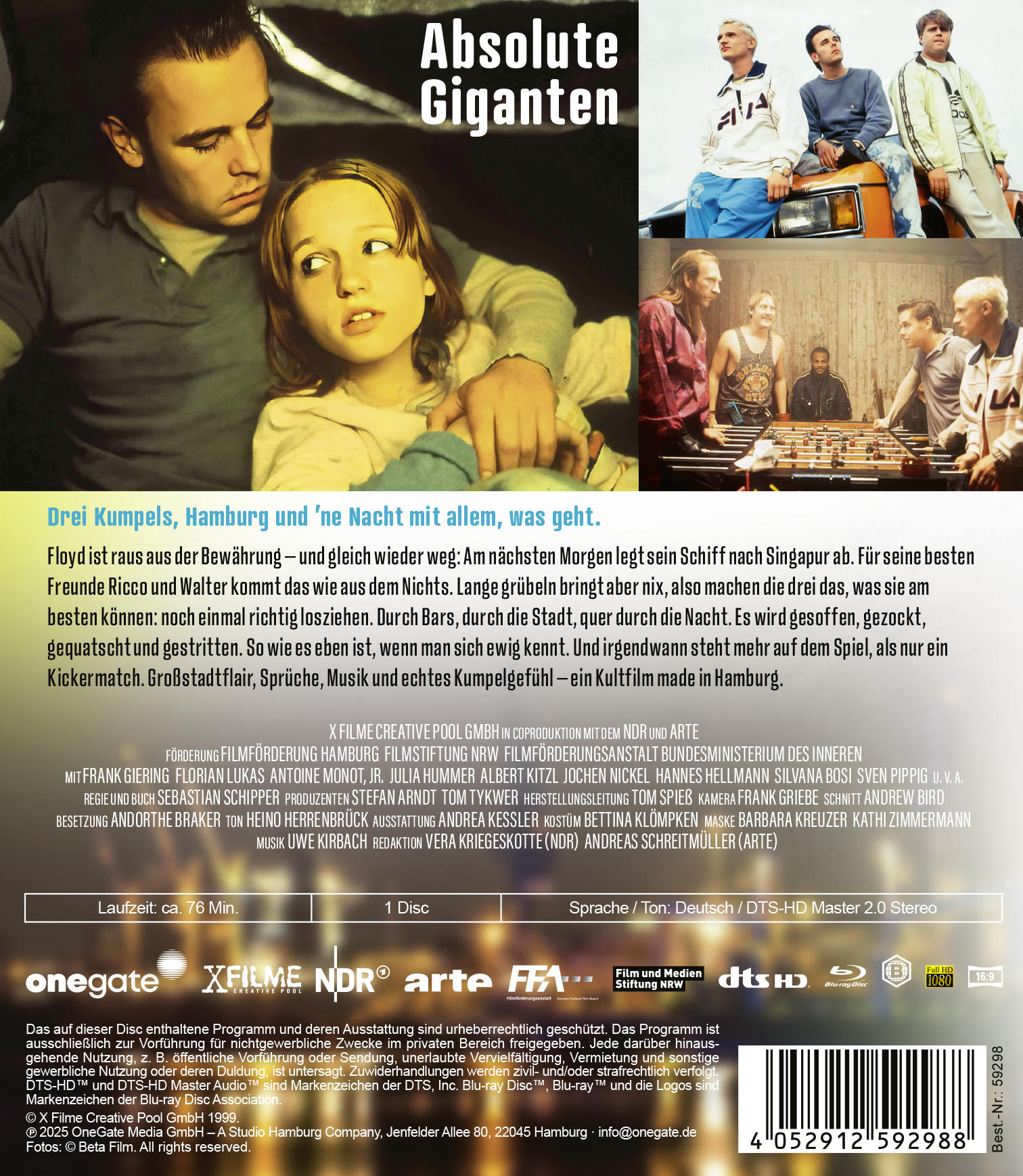 Filmposter mit Schauspielern und dem Titel 'Absolute Giganten'. Szenen zeigen eine Gruppe junger Männer in verschiedenen Umgebungen.