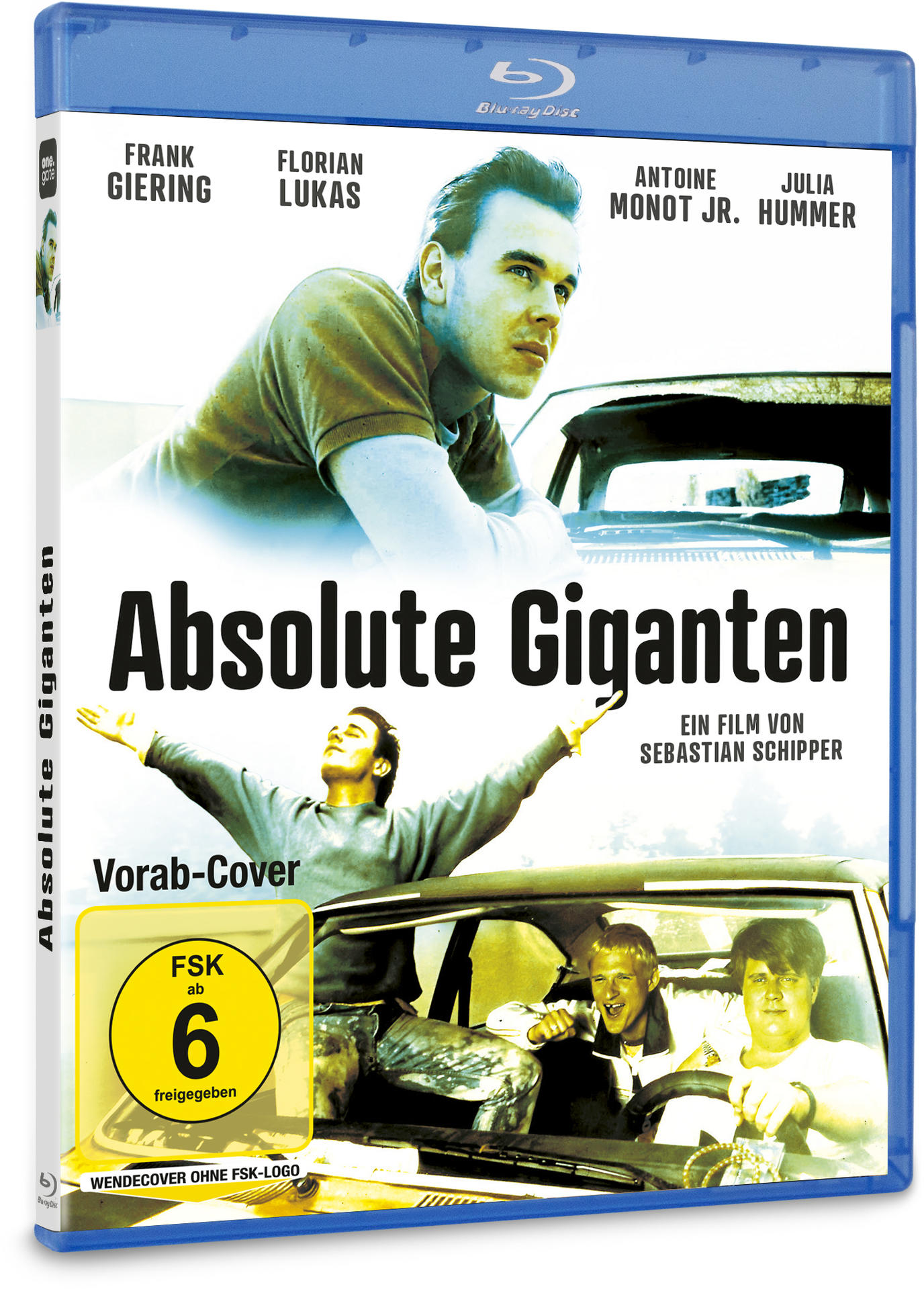 Blu-ray-Cover für 'Absolute Giganten'. Zeigt Schauspieler und eine Autoszene. Enthält ein gelbes Bewertungsschild.