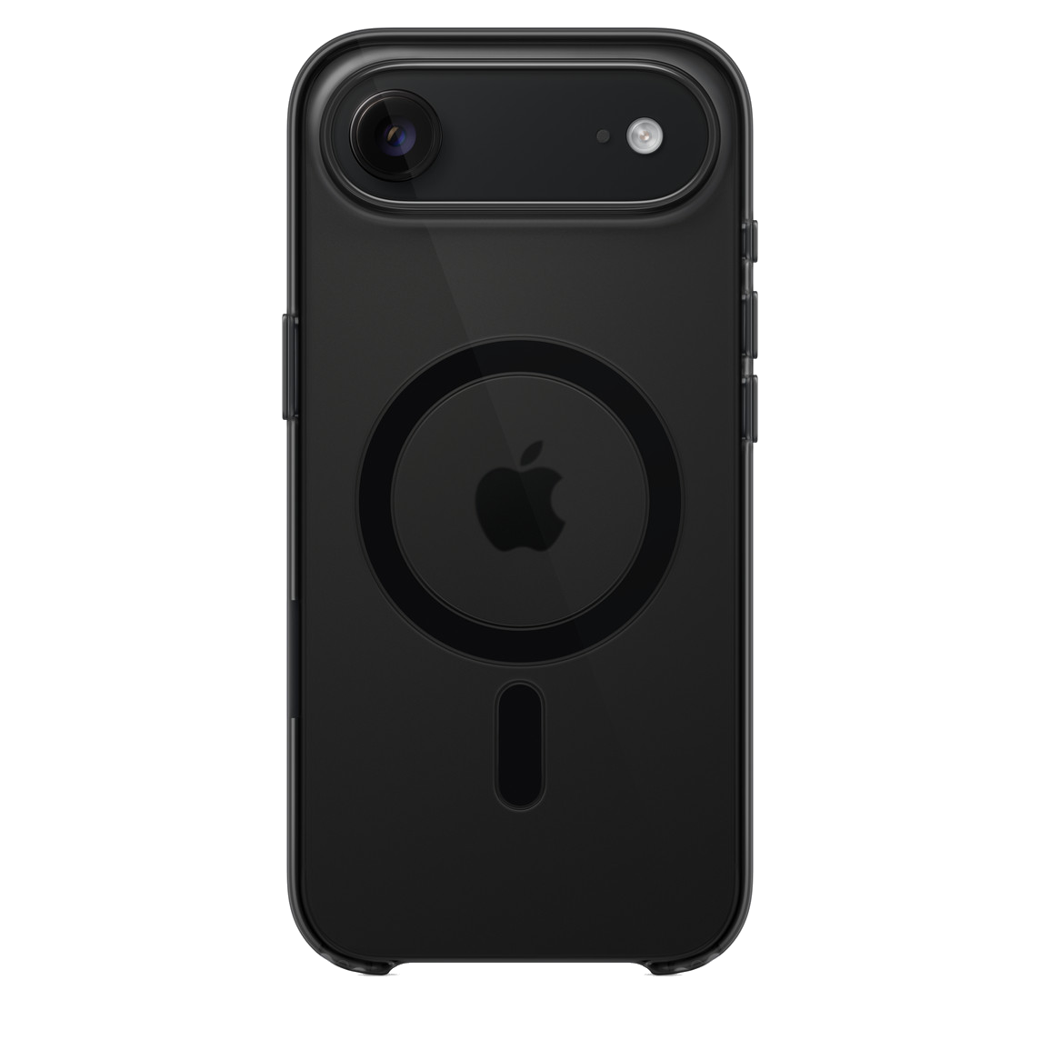 Zwarte iPhone SE in een transparante hoes. De achterkant toont het Apple-logo, de camera en een cirkelvormig MagSafe-ontwerp.