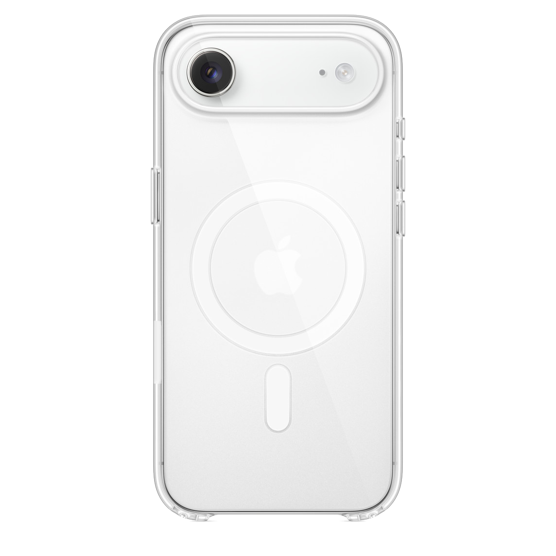 Een transparante iPhone-hoes met een wit Apple-logo. De hoes heeft uitsparingen voor de camera en knoppen. De achtergrond is zwart.