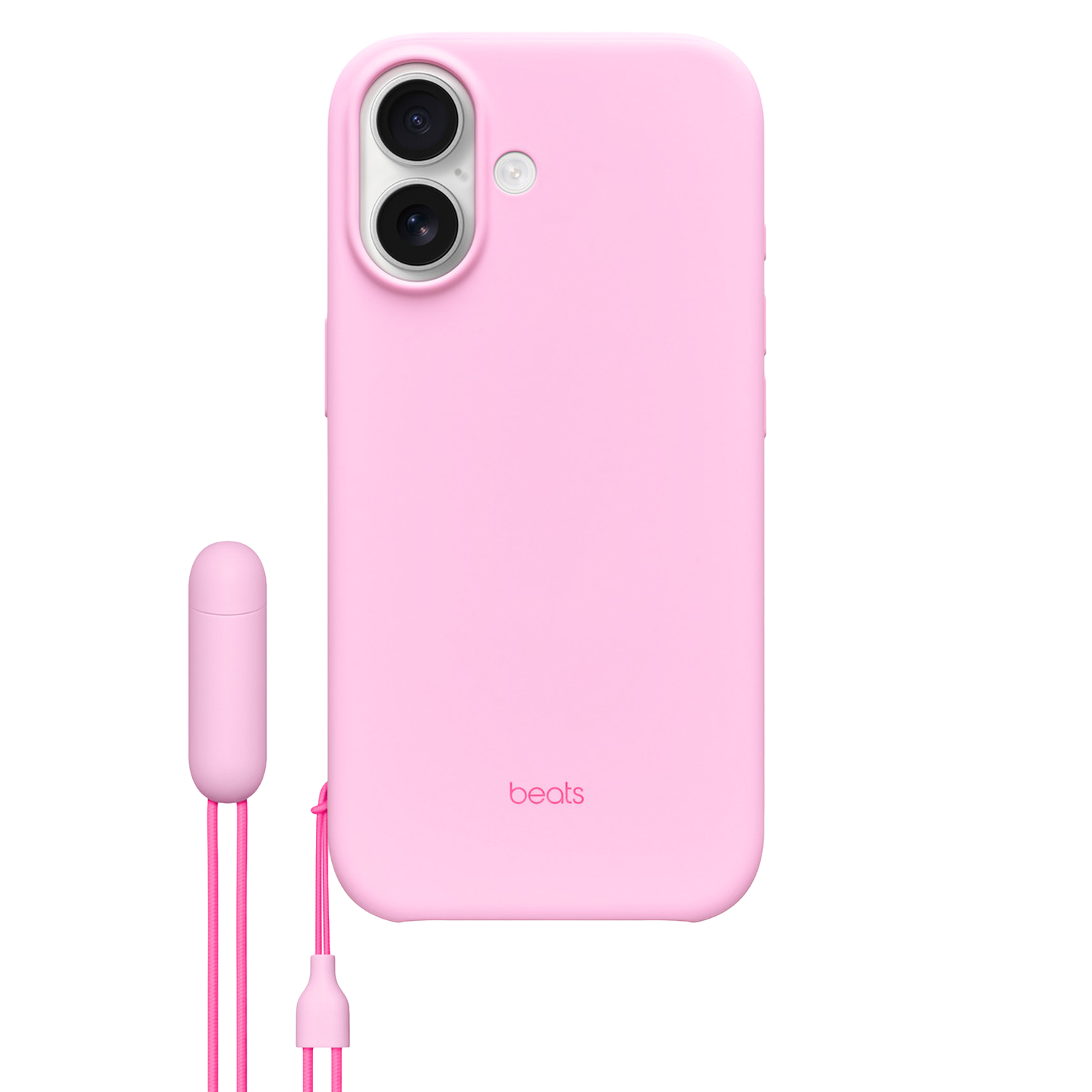 Een roze telefoonhoesje met een camera en een roze Beats-koord met een klein object. Op de hoes staat het woord "beats".