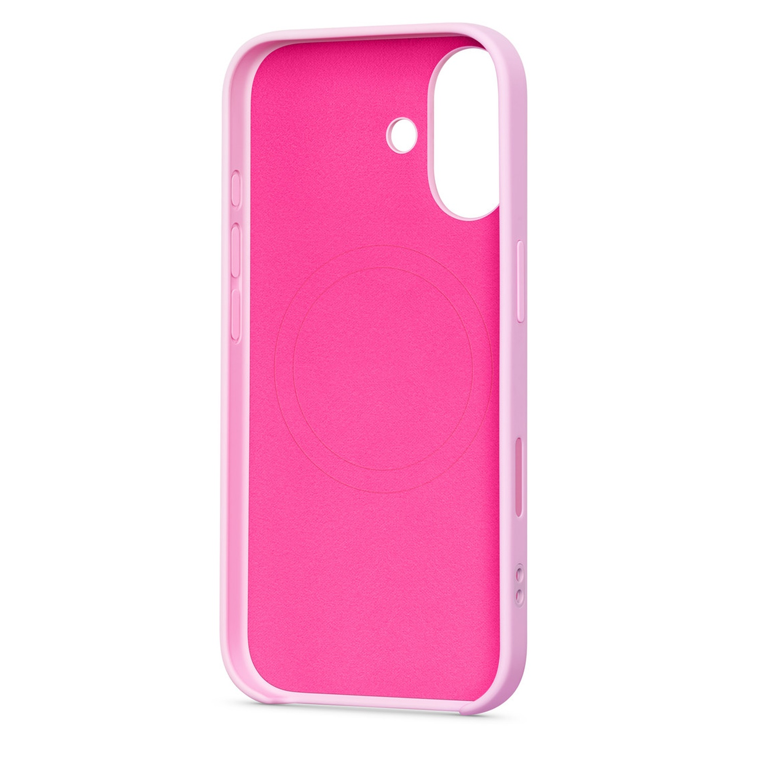 Een roze telefoonhoesje met een magenta binnenkant. Het heeft openingen voor de camera en knoppen. De hoes zit op een witte achtergrond.