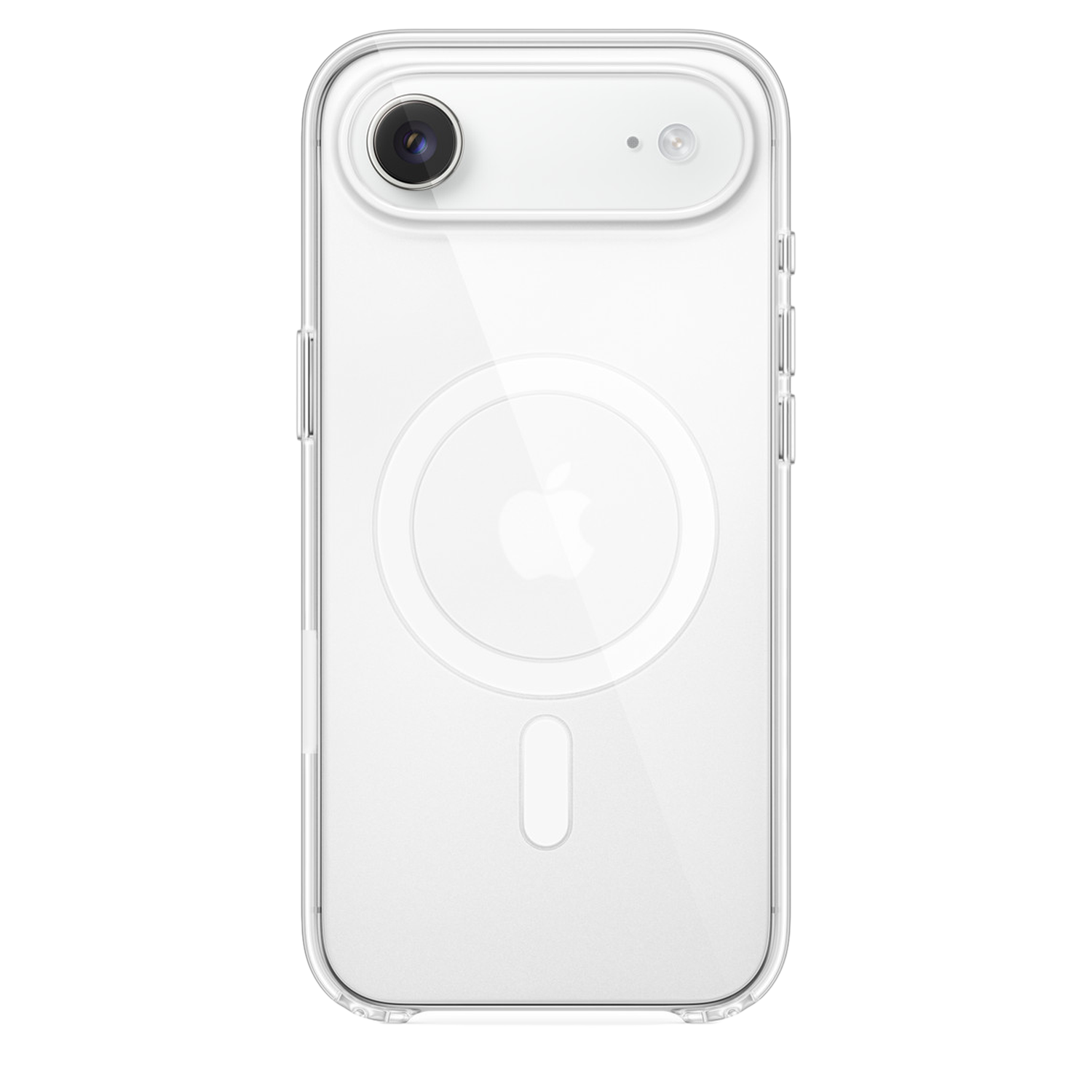 Een doorzichtige telefoonhoes op een witte achtergrond. De hoes heeft een camera-uitsparing en een MagSafe-cirkel met een Apple-logo.