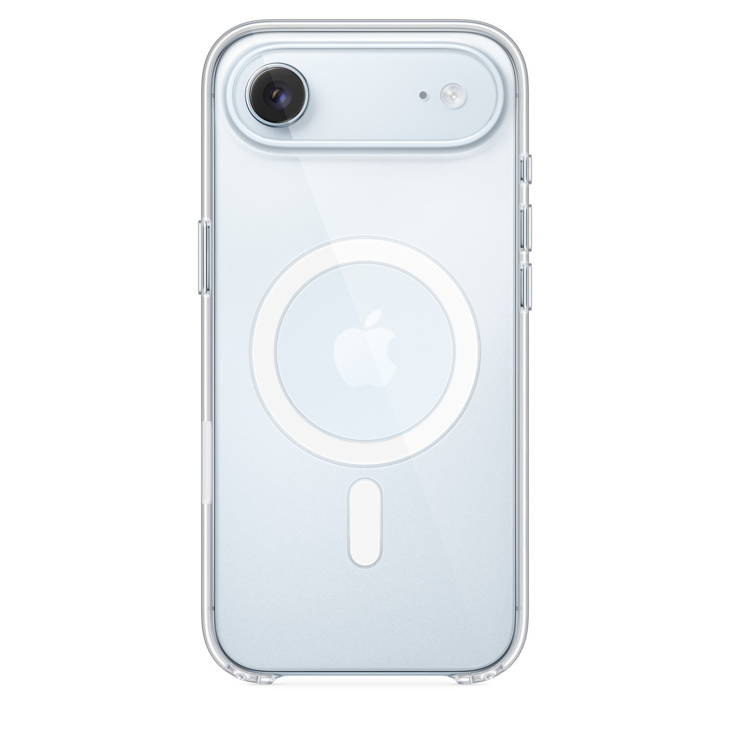 Transparante telefoonhoes met camera en Apple-logo. Achterkant van de iPhone met hoesje. Witte achtergrond.