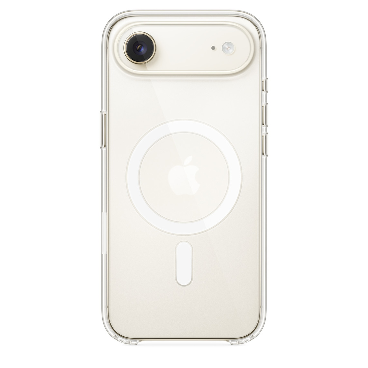 Een doorzichtige telefoonhoes op een gouden iPhone, met de camera en het Apple-logo.