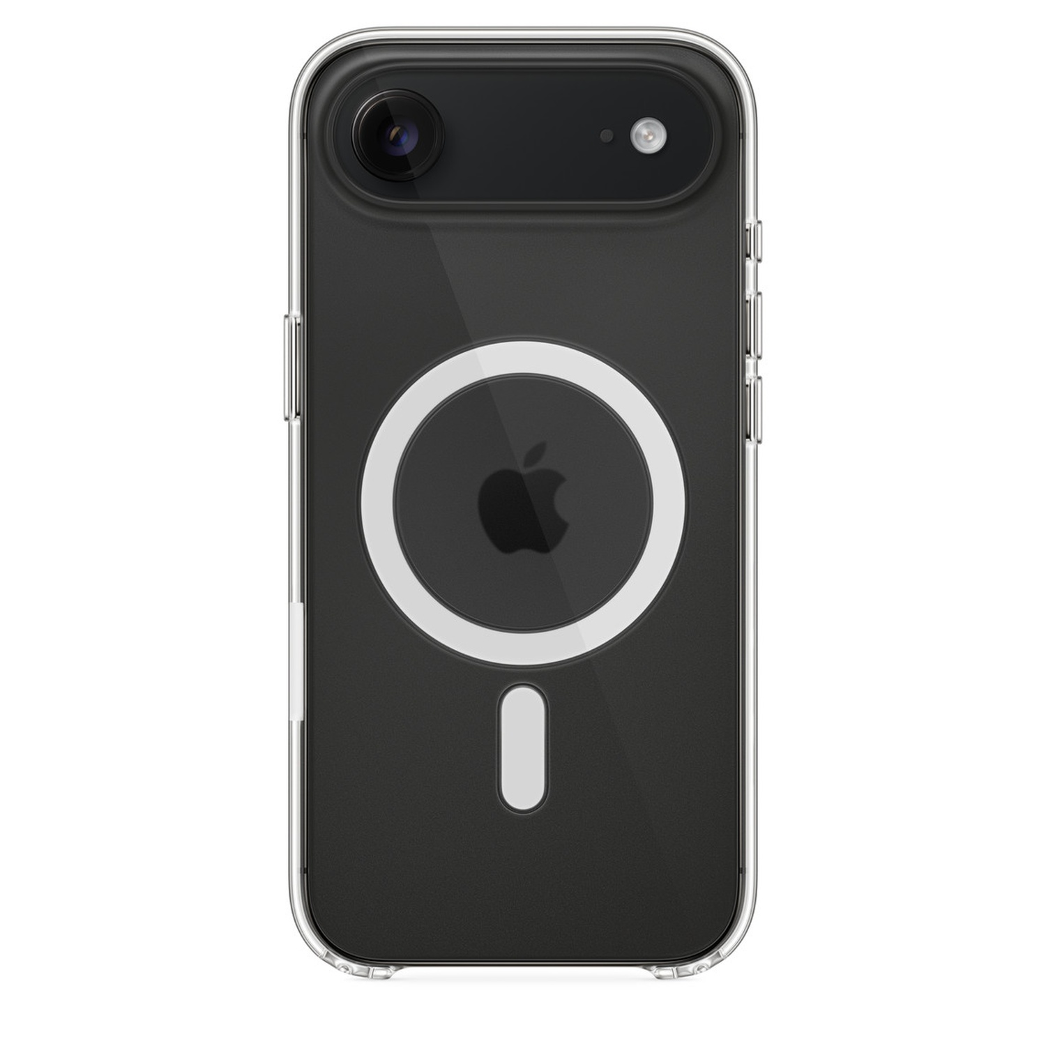 Transparante telefoonhoes met zwarte telefoon erin. Voorzien van Apple-logo, camera en magnetische oplaadring.