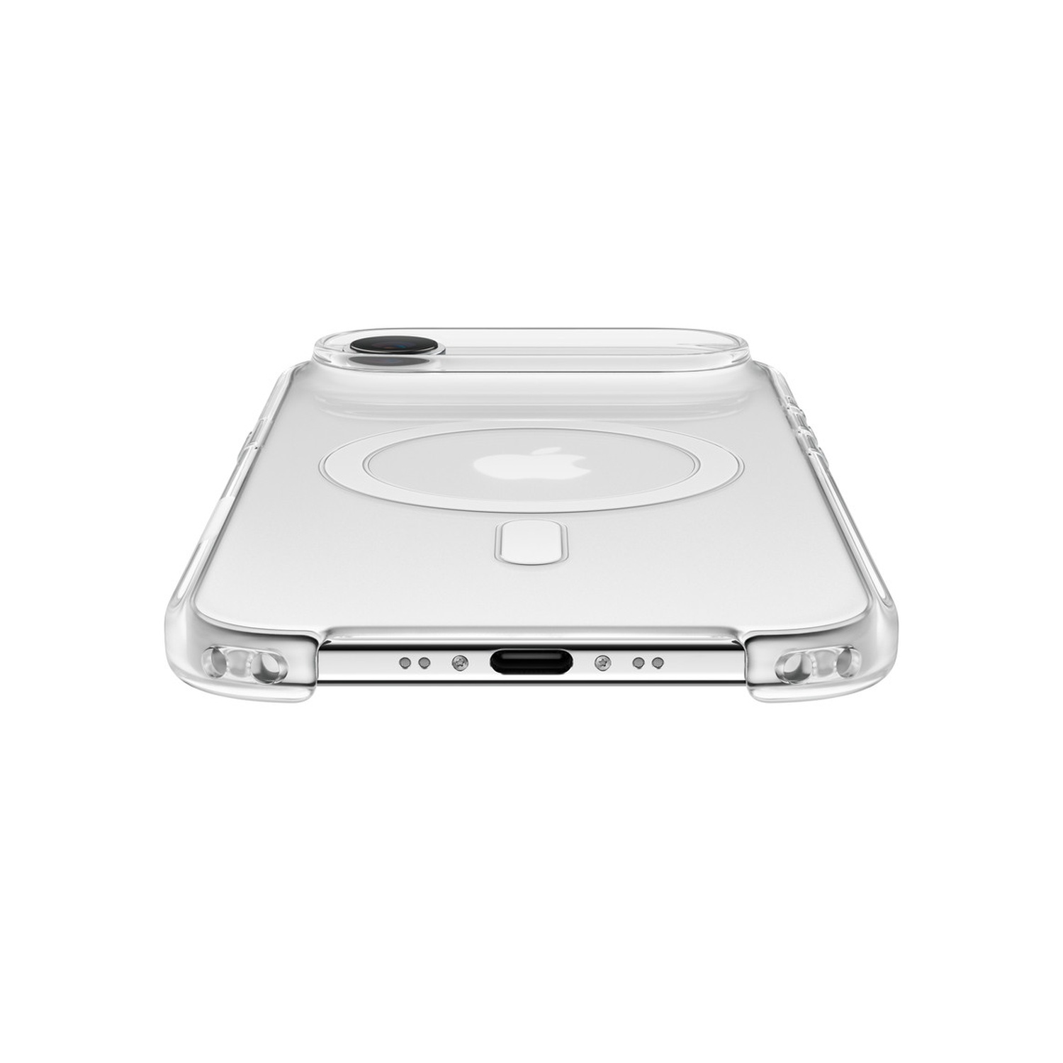 Een doorzichtige telefoonhoes. De hoes heeft een verhoogd gedeelte voor de camera. Het Apple-logo is zichtbaar door de hoes.