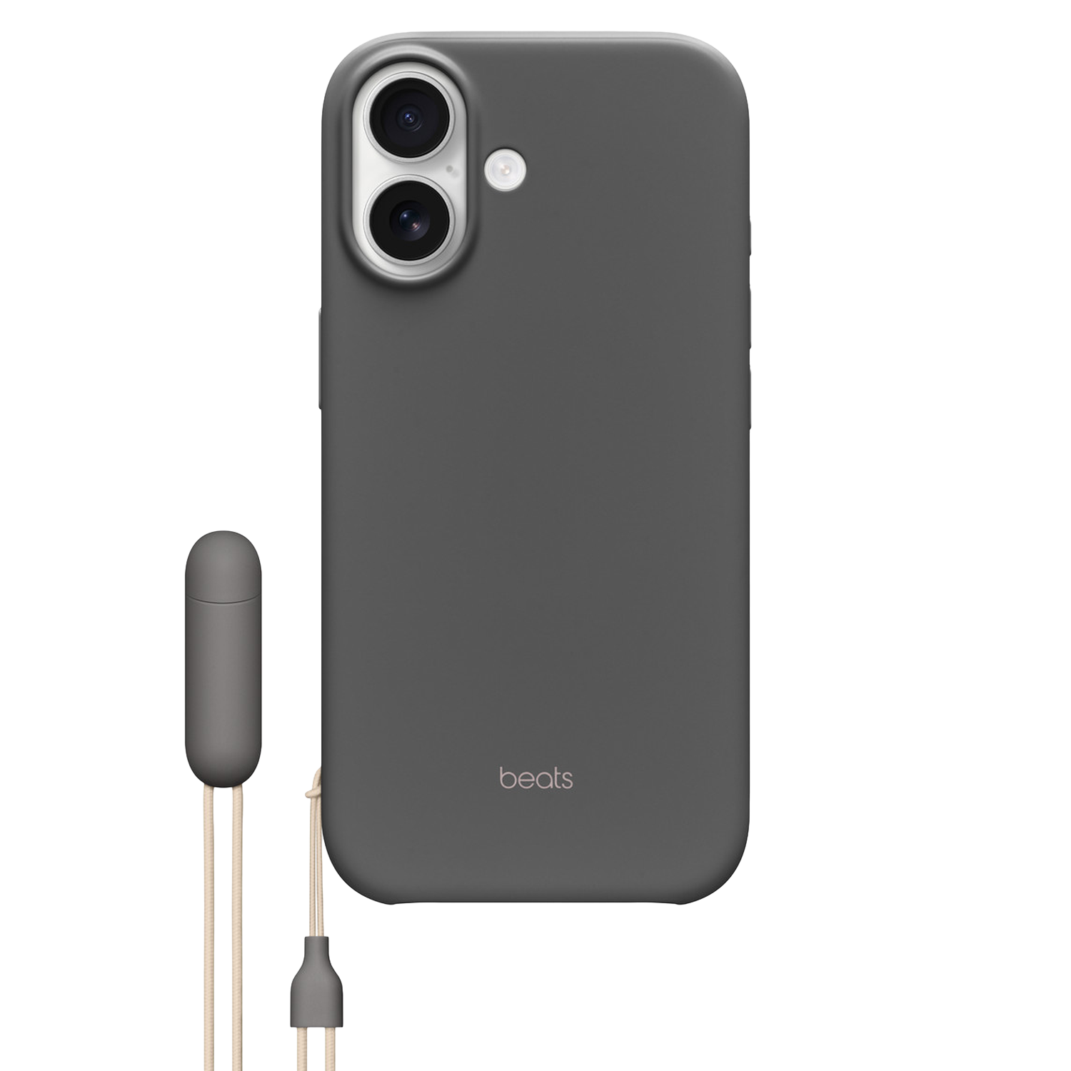 Een donkergrijze telefoonhoes met camera, bevestigd aan een grijze oortelefoonhoes. Beige koorden verbinden de oortelefoonhoes met de telefoonhoes.