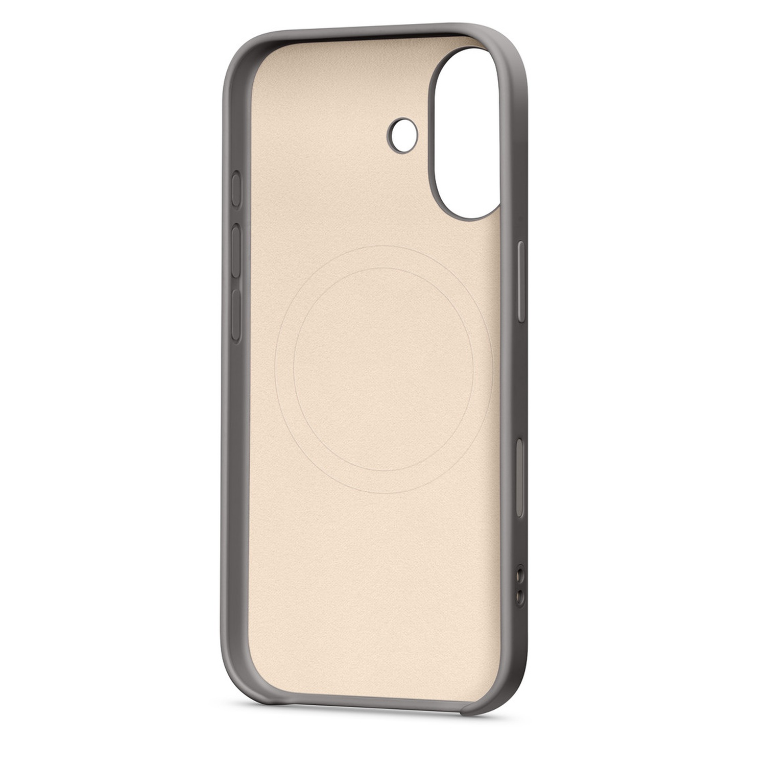 Een telefoonhoesje met een grijs frame en een beige interieur. Het heeft een cameragat en knoppen.
