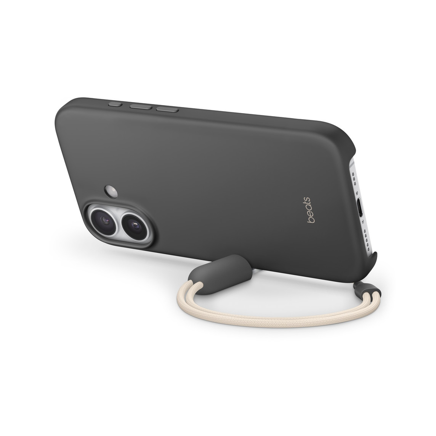 Een zwarte telefoonhoes met een lichtbeige bandje. De hoes is schuin, met de cameralenzen en het 'beats' logo.
