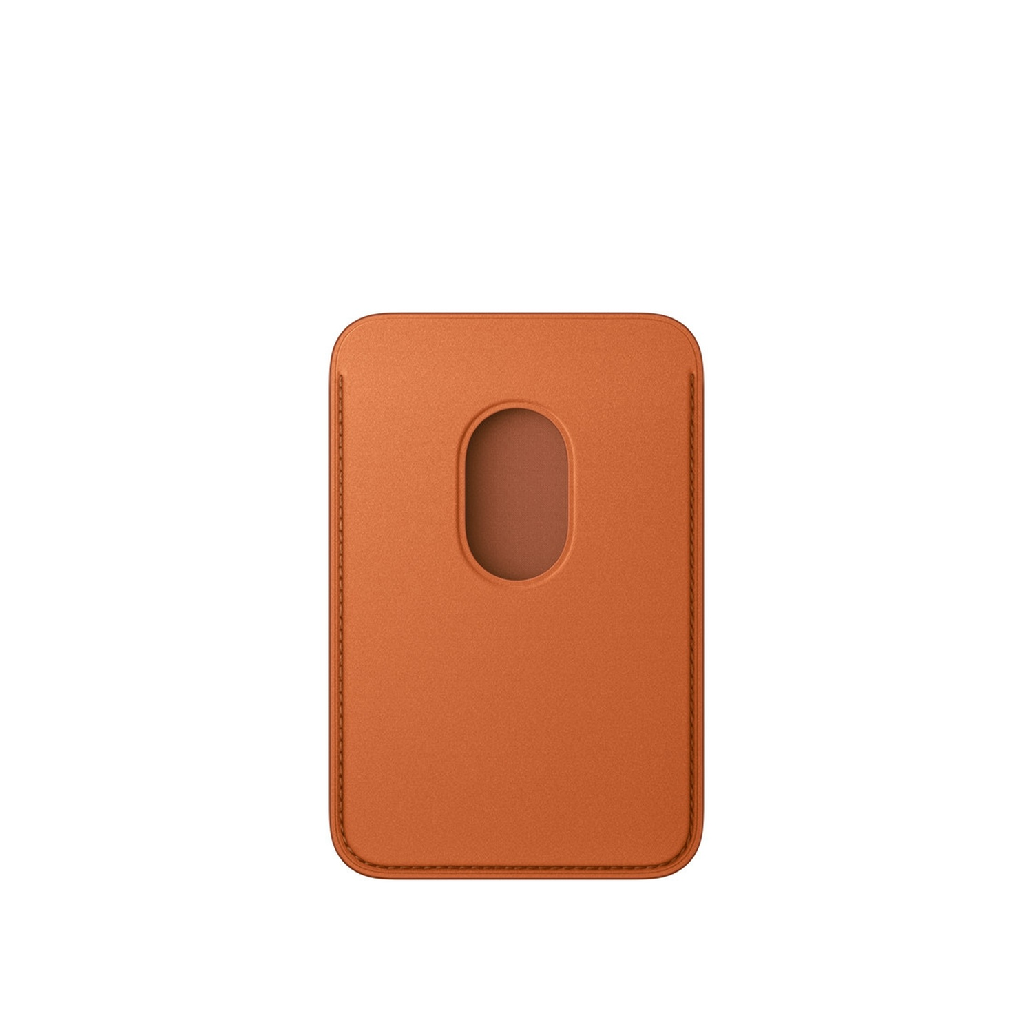 Een oranje leren kaarthouder. Het heeft een uitsparing in het midden en stiksels rond de randen. De achtergrond is wit.