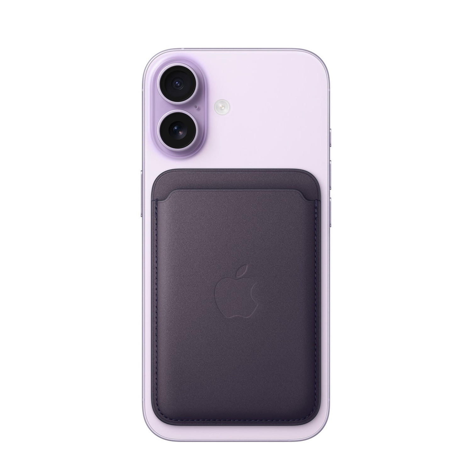 Paarse iPhone 11 met een donkergrijze leren portemonnee. De portemonnee heeft het Apple-logo in reliëf.