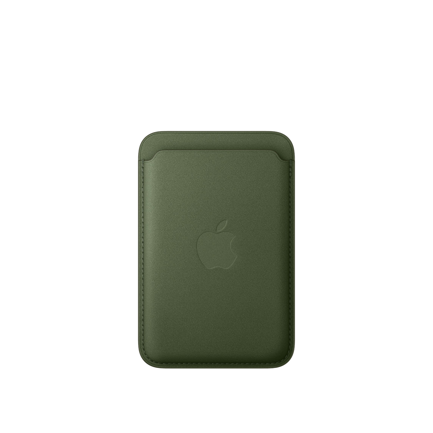 Een olijfgroene leren MagSafe-portemonnee. Het heeft het Apple-logo in reliëf op de voorkant. De achtergrond is wit.