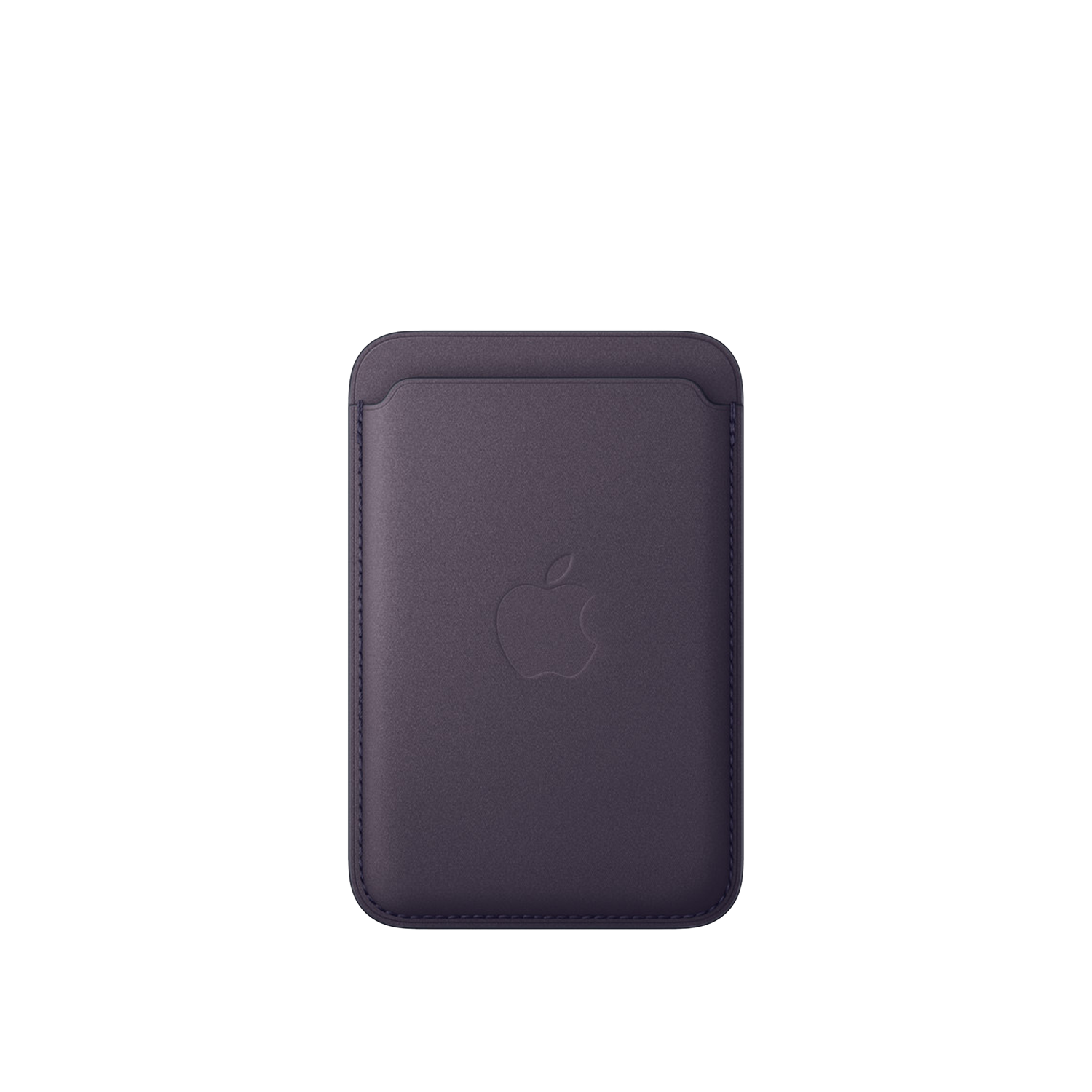 Een donkerpaarse leren Apple MagSafe portemonnee. Het heeft een gestikte rand en een reliëf Apple-logo. De achtergrond is wit.