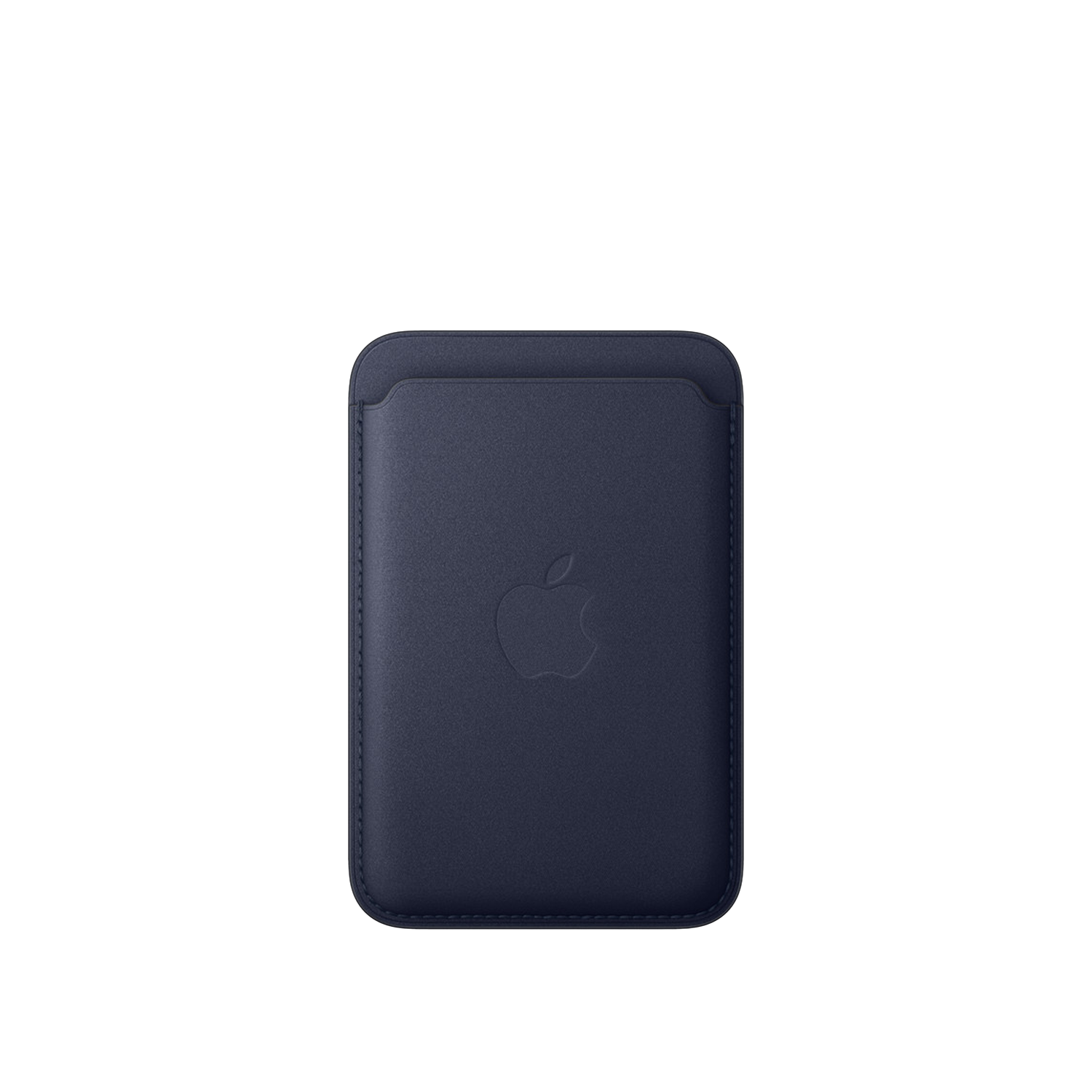 Een marineblauwe leren Apple-portemonnee met een in reliëf aangebracht Apple-logo, tegen een witte achtergrond.