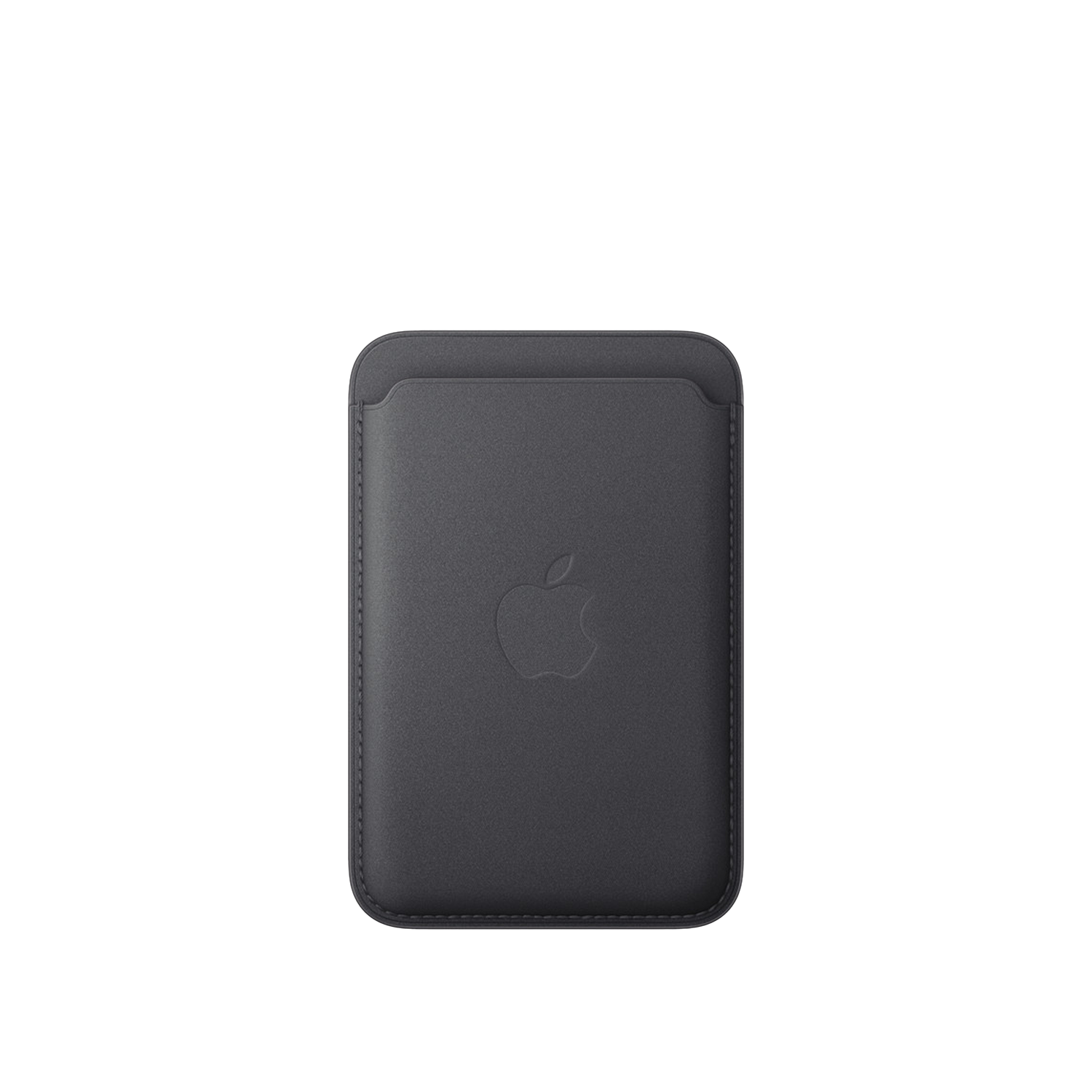 Een donkergrijze leren Apple portemonnee met het Apple-logo in het midden. Het is rechthoekig en heeft afgeronde hoeken.