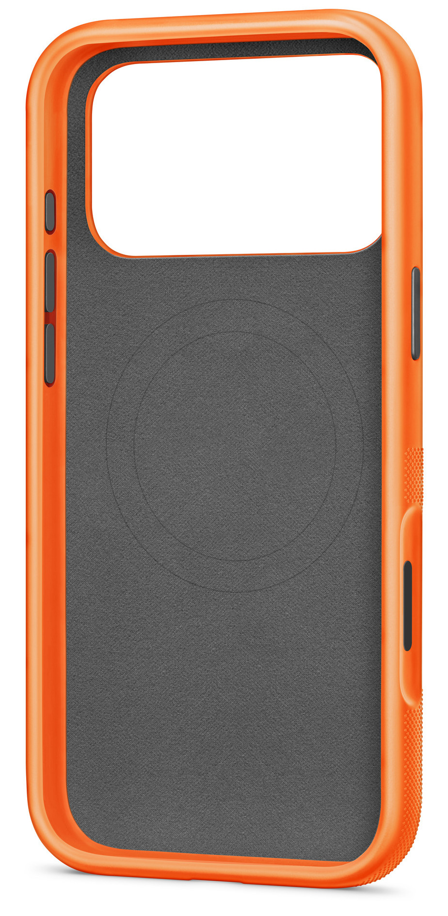 Pomarańczowe etui na telefon z szarym wnętrzem. Ma teksturowany bok i wycięcie na aparat. Z boku znajdują się przyciski.