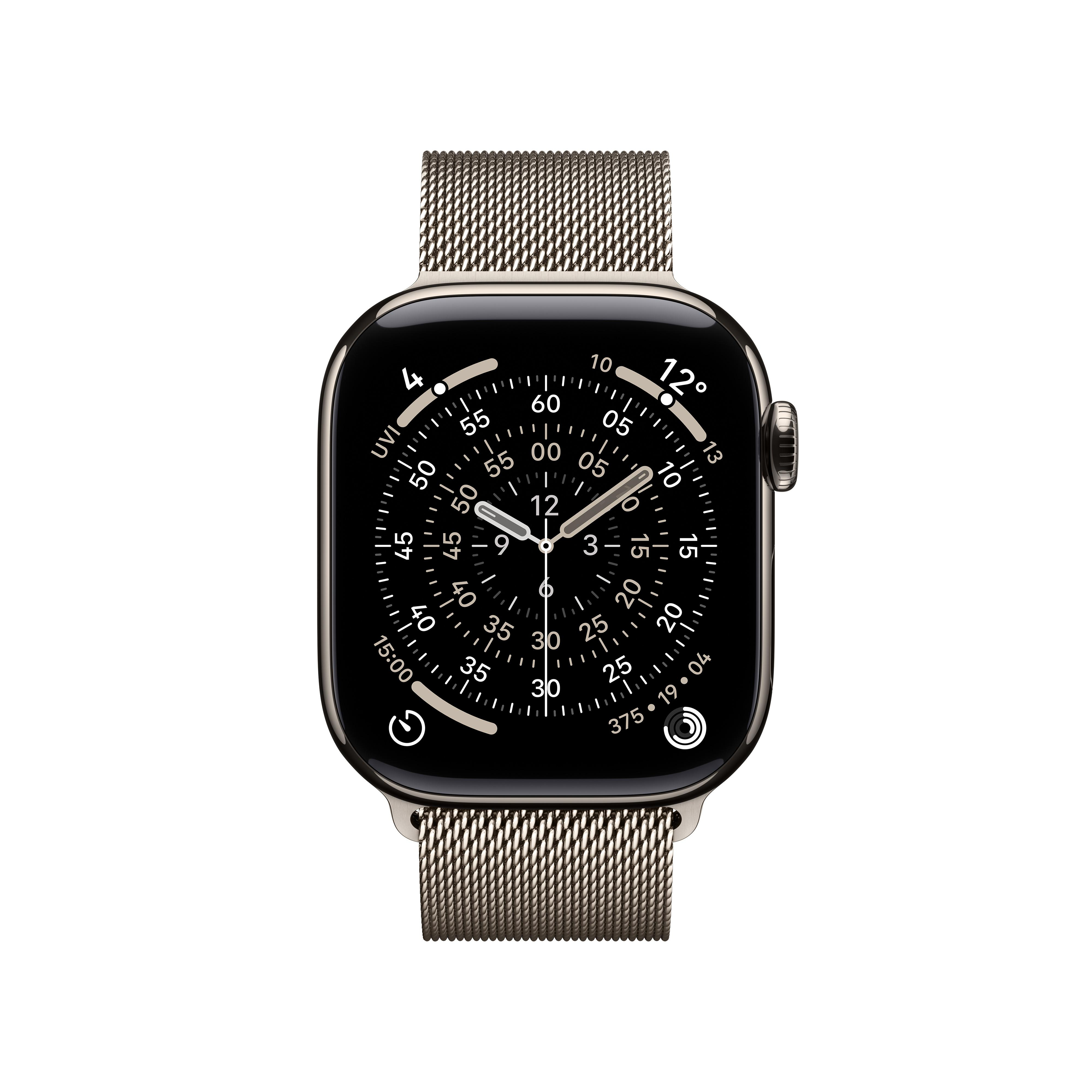 Eine goldene Apple Watch mit schwarzem Bildschirm zeigt die Uhrzeit auf einem Mesh-Armband an.