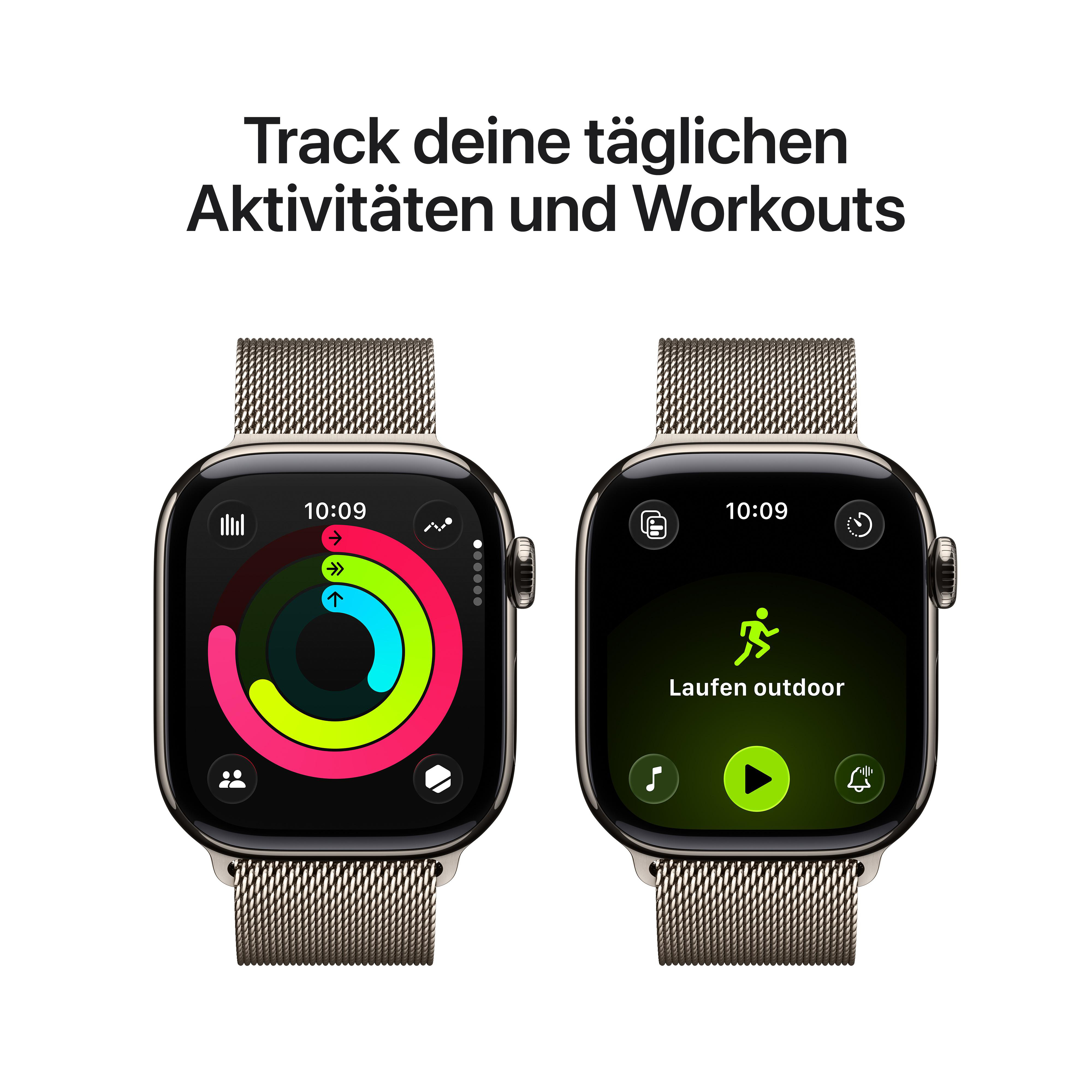 Zwei Smartwatches mit Metallarmbändern. Anzeigen zeigen Aktivitätsringe und Trainingsoptionen. Text oben: 'Verfolge deine Aktivitäten'.