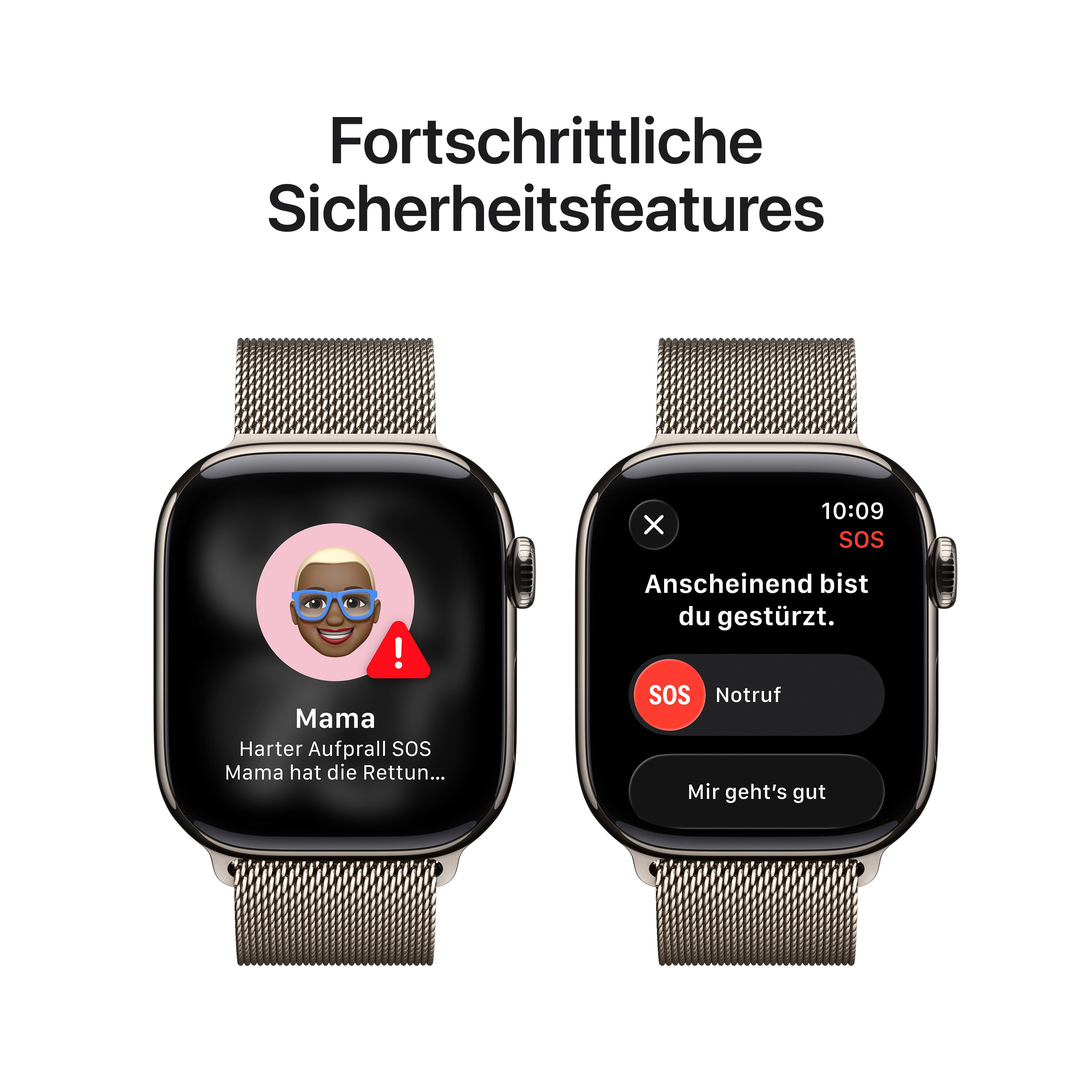 Zwei Smartwatches mit Sicherheitsfunktionen: eine mit Sturz-Alarm, die andere mit SOS-Abfrage.