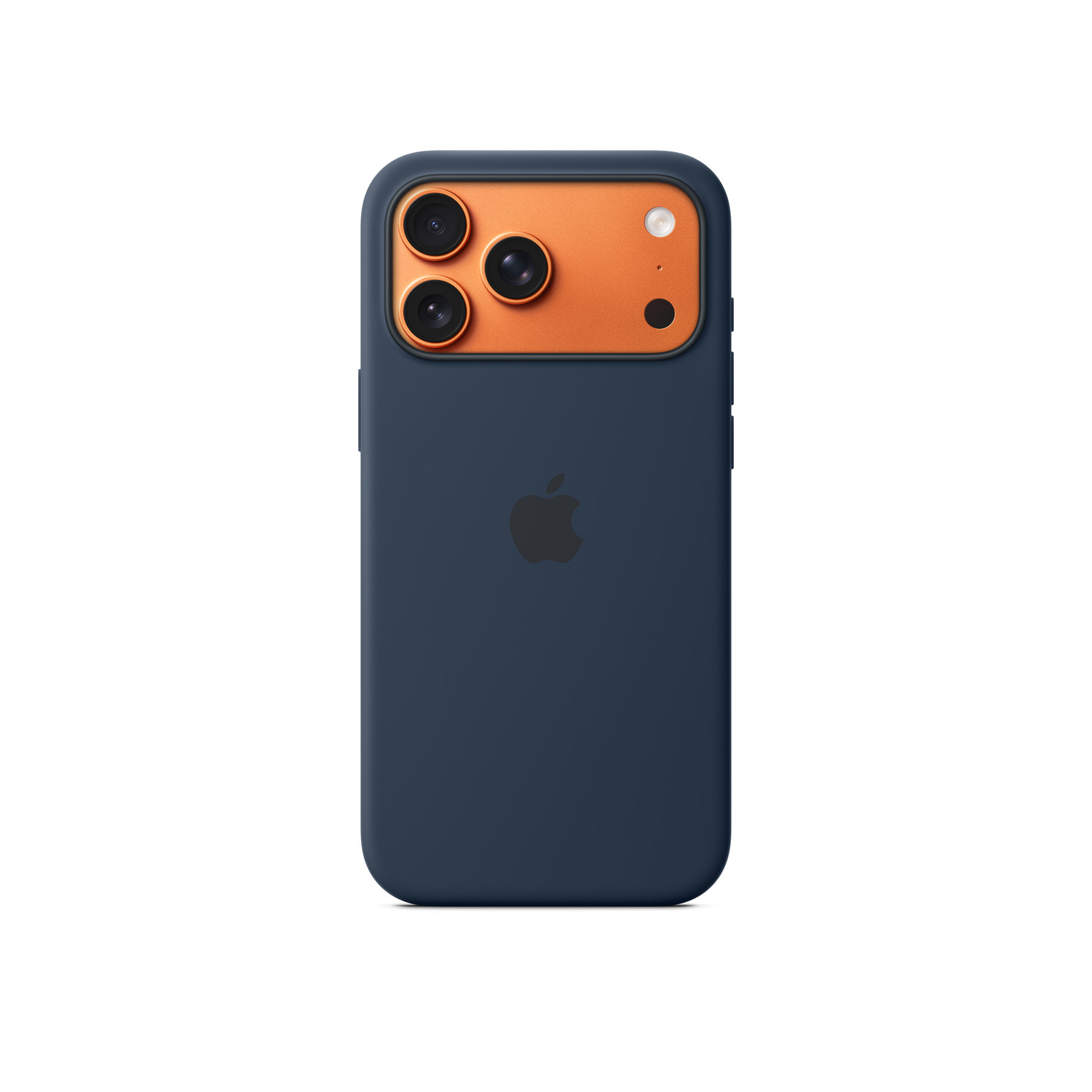 A navy blue phone case with a copper-colored camera area. Three camera lenses are visible. An Apple logo is at the bottom.