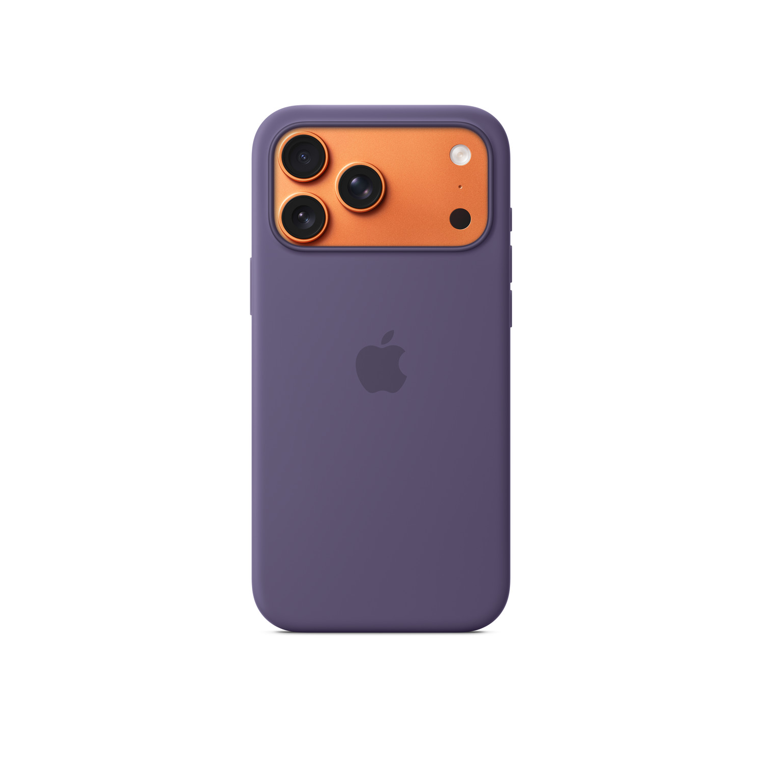 Een paarse telefoonhoes met een oranje camera-gedeelte. De hoes heeft een Apple-logo. Het cameragedeelte heeft drie lenzen en een flitser.