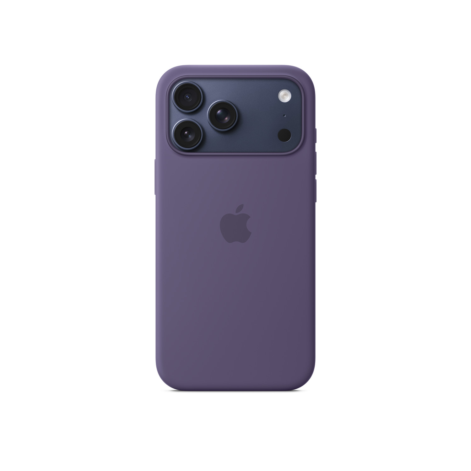 Een paarse iPhone met een hoesje. De achterkant toont een cameramodule met drie lenzen, een LED-flitser en het Apple-logo.
