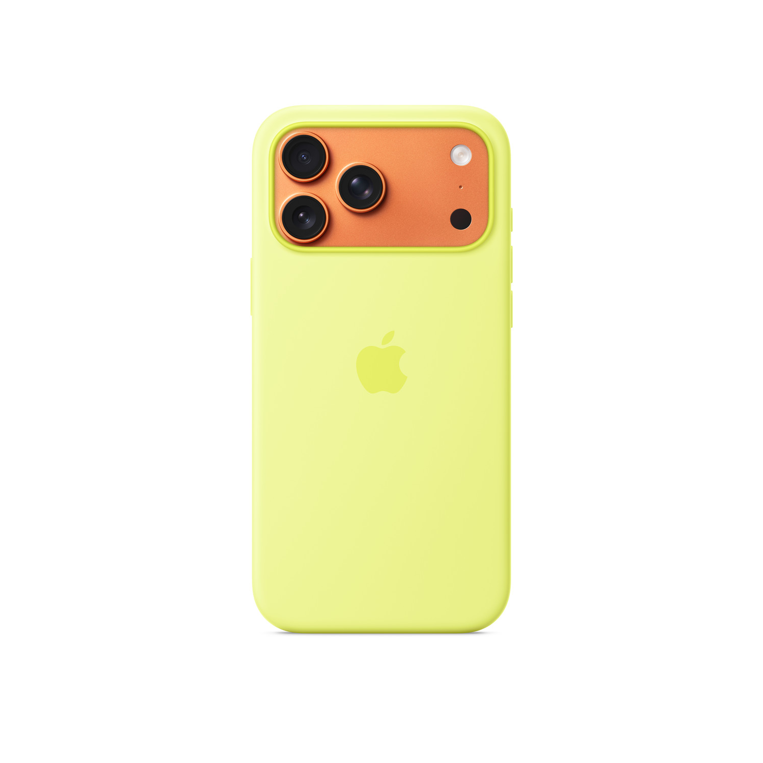 Gele iPhone-hoes met oranje cameragedeelte. Drie cameralenzen zijn zichtbaar. Het Apple-logo staat in het midden.